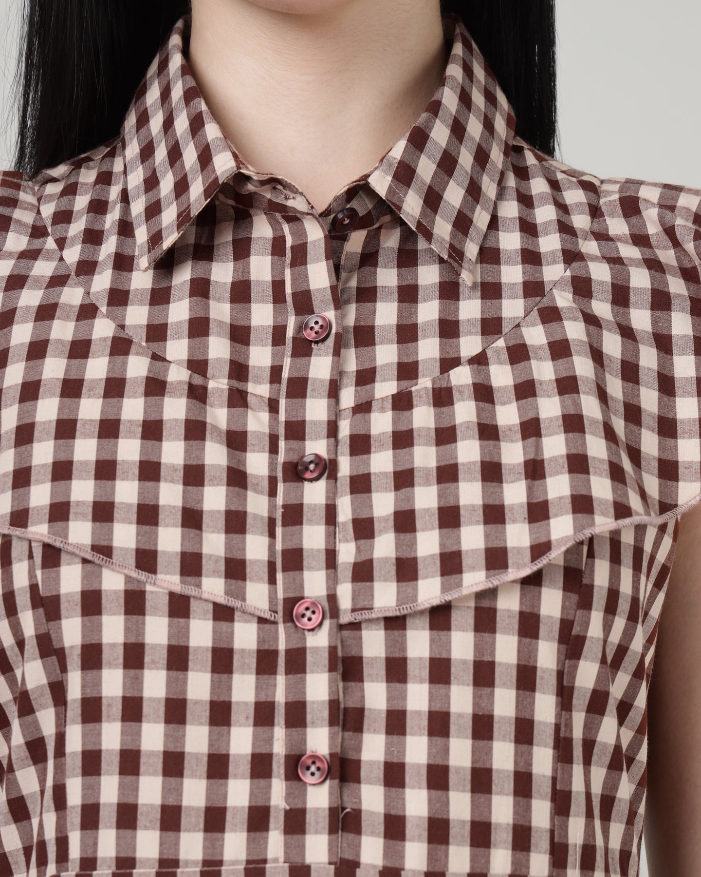 Women’s Maroon Gingham Maxi Dress with 4-Tier Long Double Collar- 2984