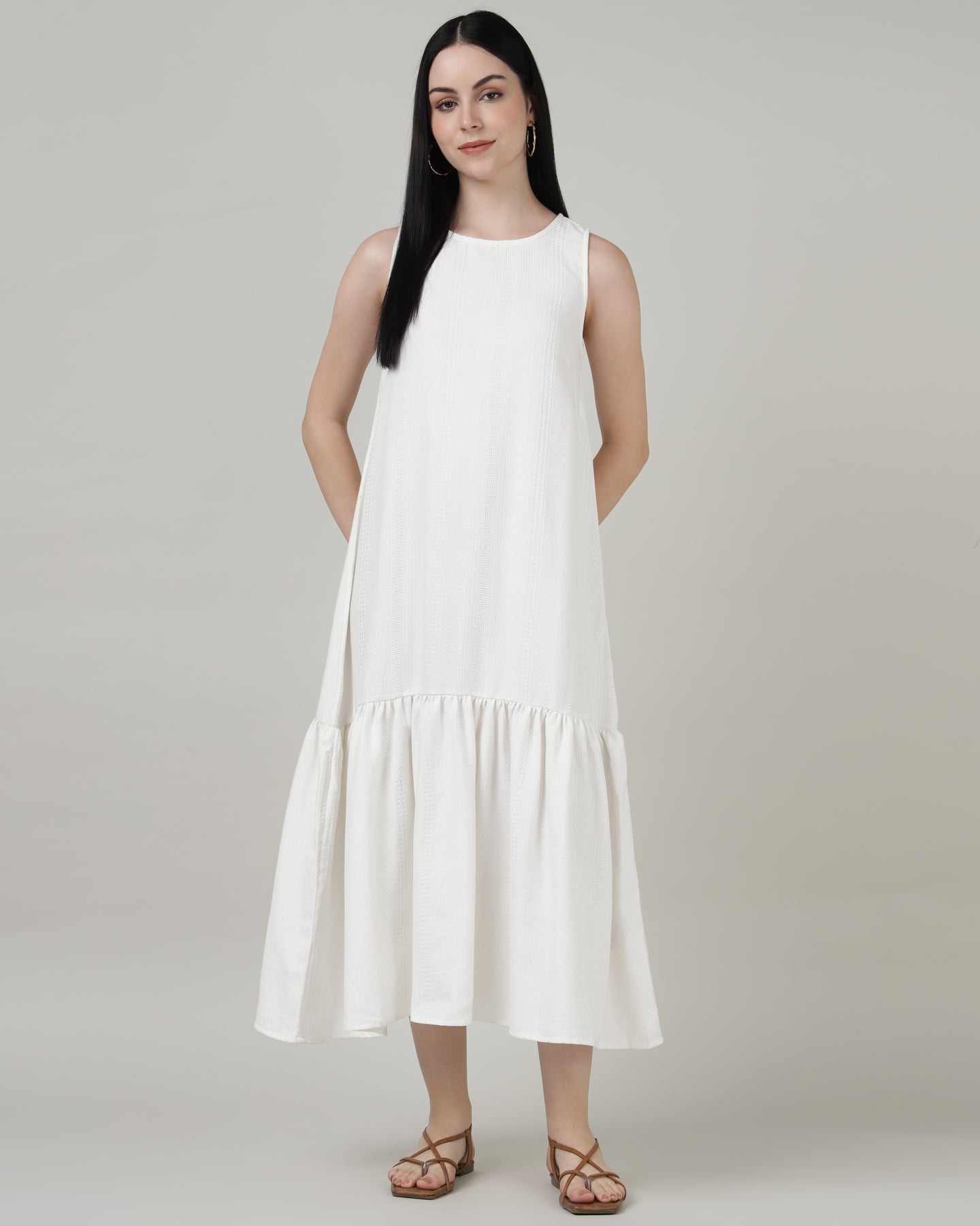 Women’s White Sleeveless Maxi Dress with Gathered Hem in Textured Fabric - 2982