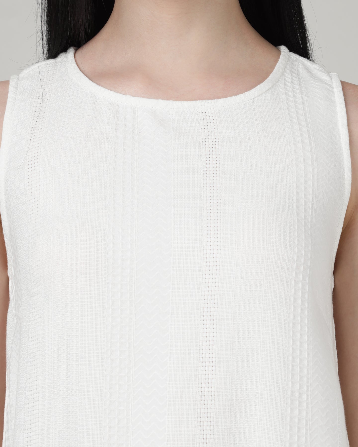 Women’s White Sleeveless Maxi Dress with Gathered Hem in Textured Fabric - 2982