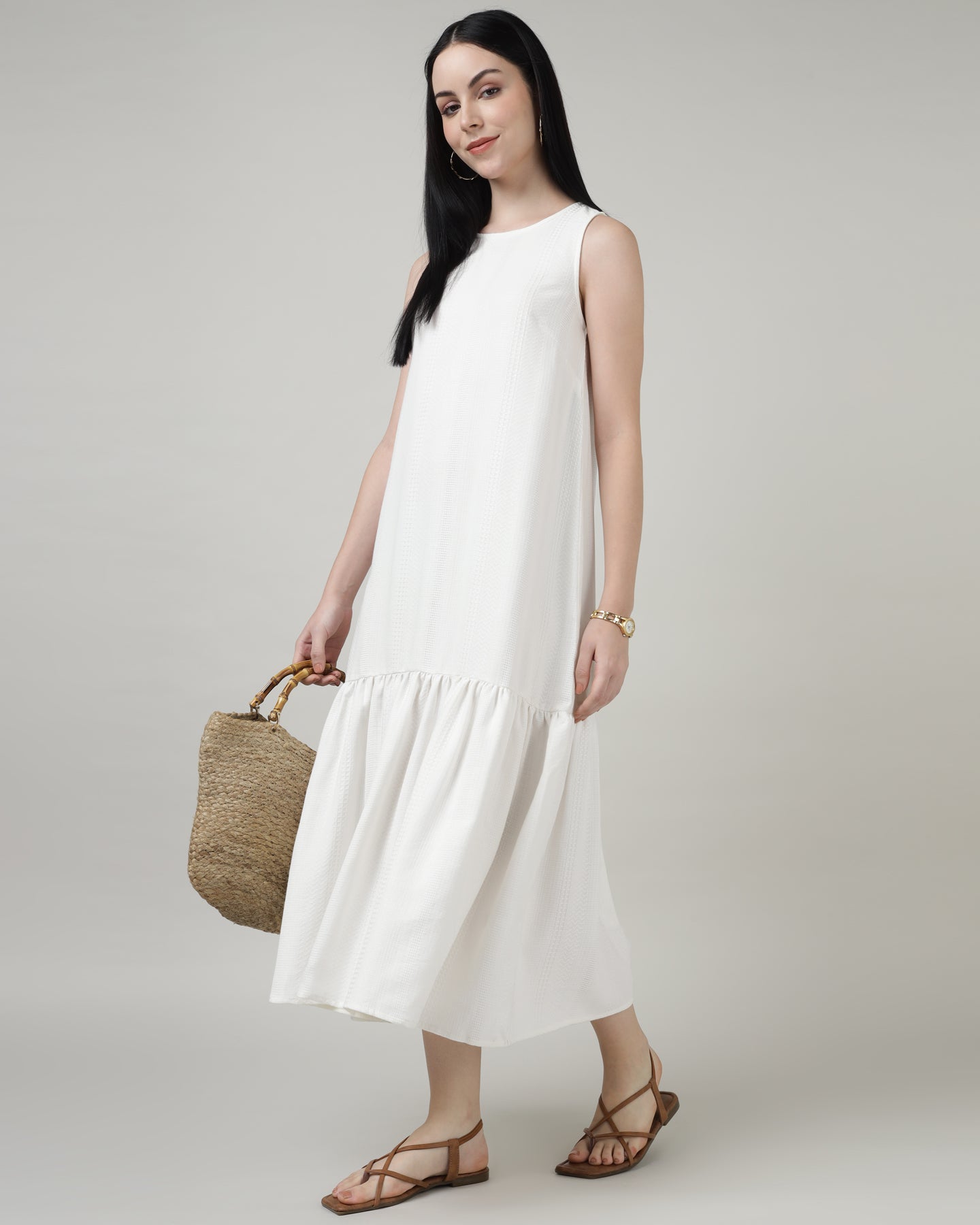 Women’s White Sleeveless Maxi Dress with Gathered Hem in Textured Fabric - 2982