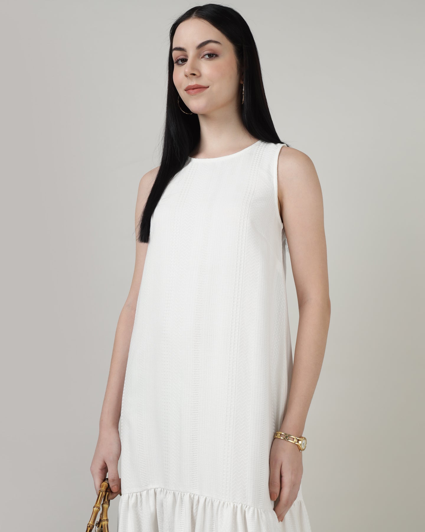 Women’s White Sleeveless Maxi Dress with Gathered Hem in Textured Fabric - 2982
