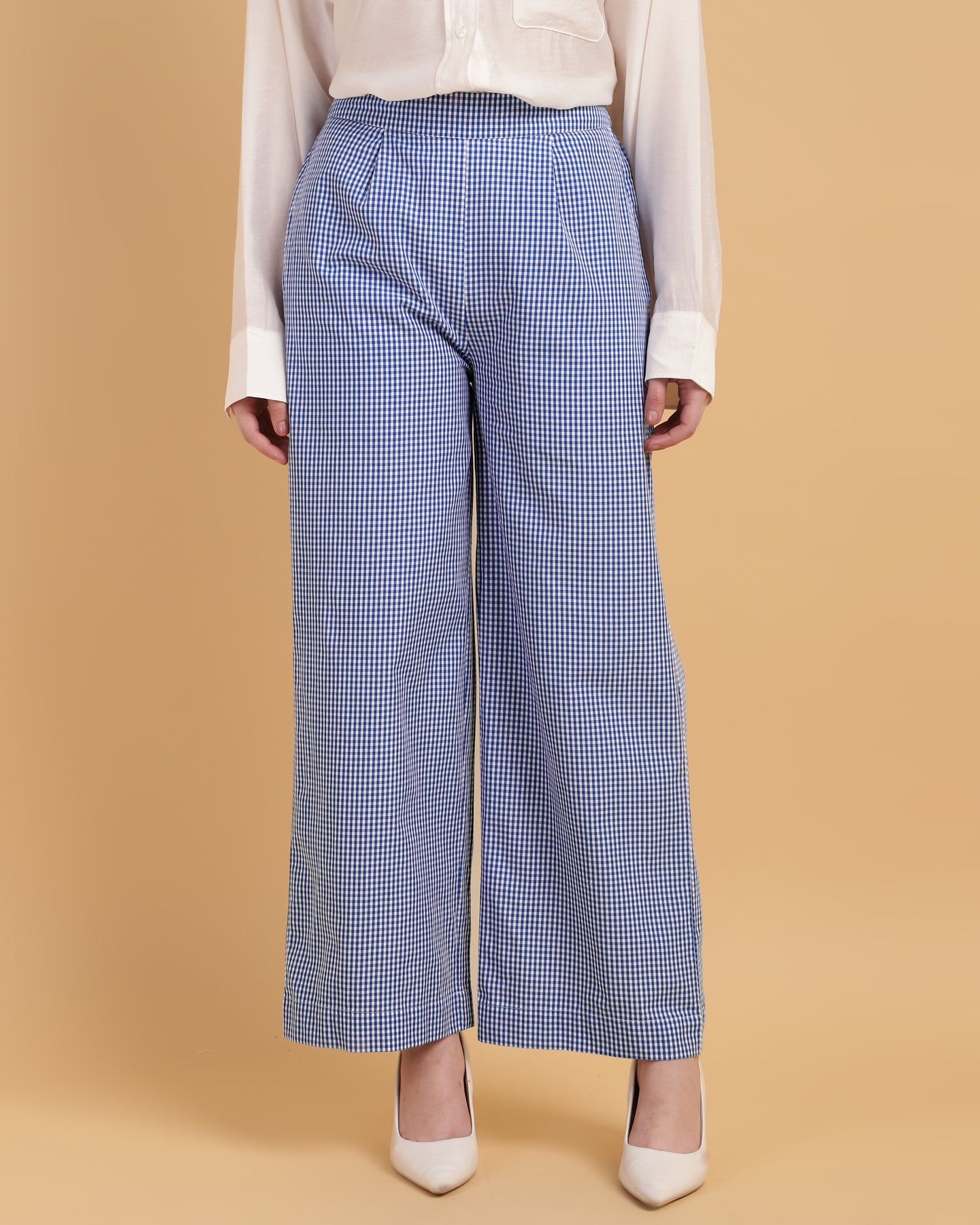 Women’s Blue Gingham Wide-Leg Slip-On Trousers – Casual Pants-2909