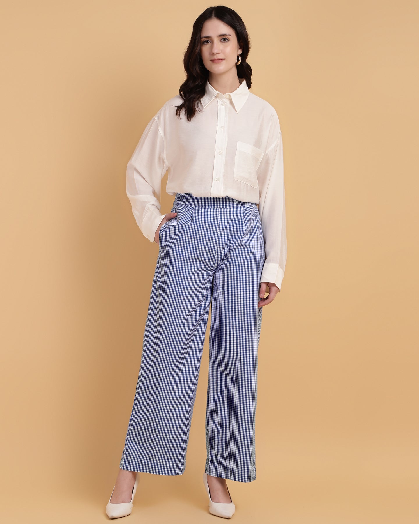 Women’s Blue Gingham Wide-Leg Slip-On Trousers – Casual Pants-2909