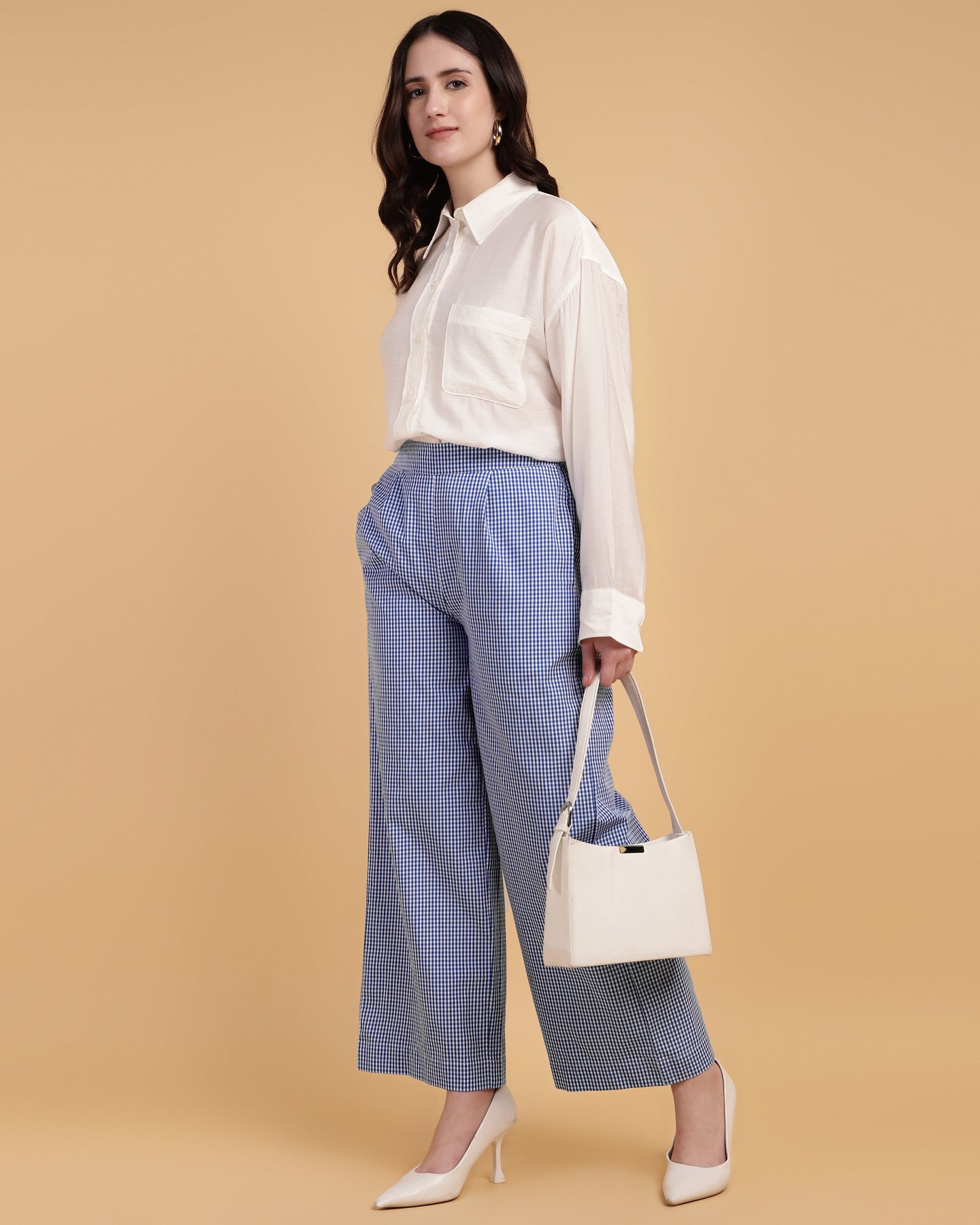 Women’s Blue Gingham Wide-Leg Slip-On Trousers – Casual Pants-2909