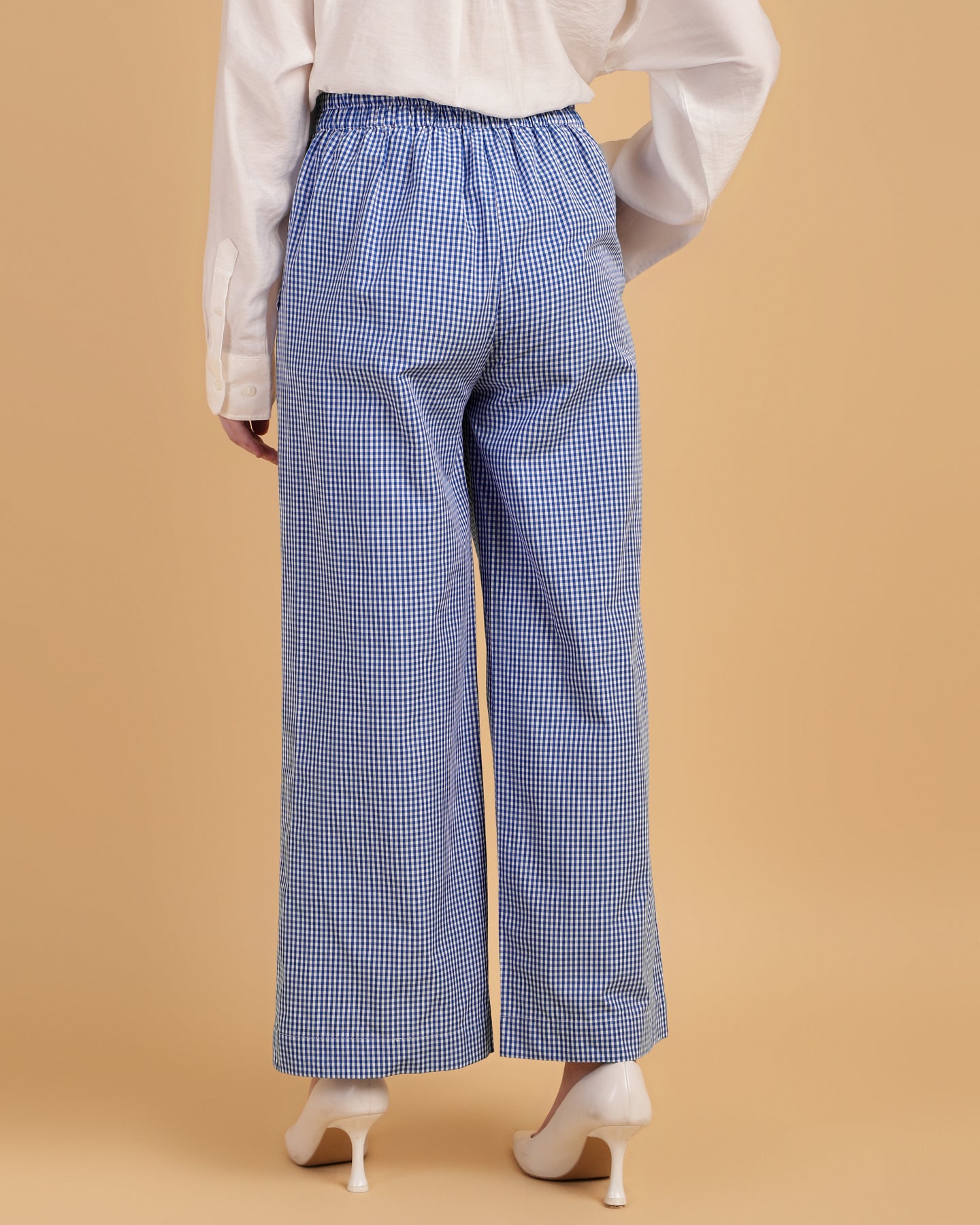 Women’s Blue Gingham Wide-Leg Slip-On Trousers – Casual Pants-2909