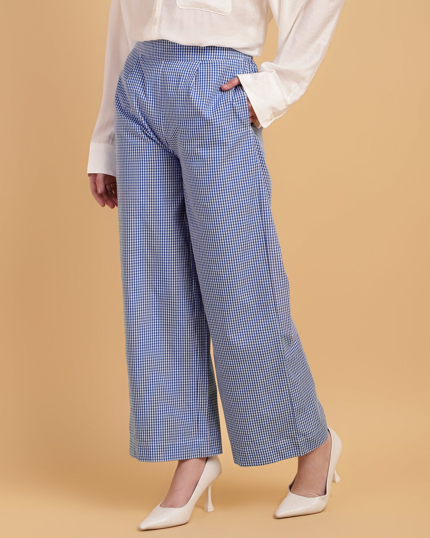 Women’s Blue Gingham Wide-Leg Slip-On Trousers – Casual Pants-2909