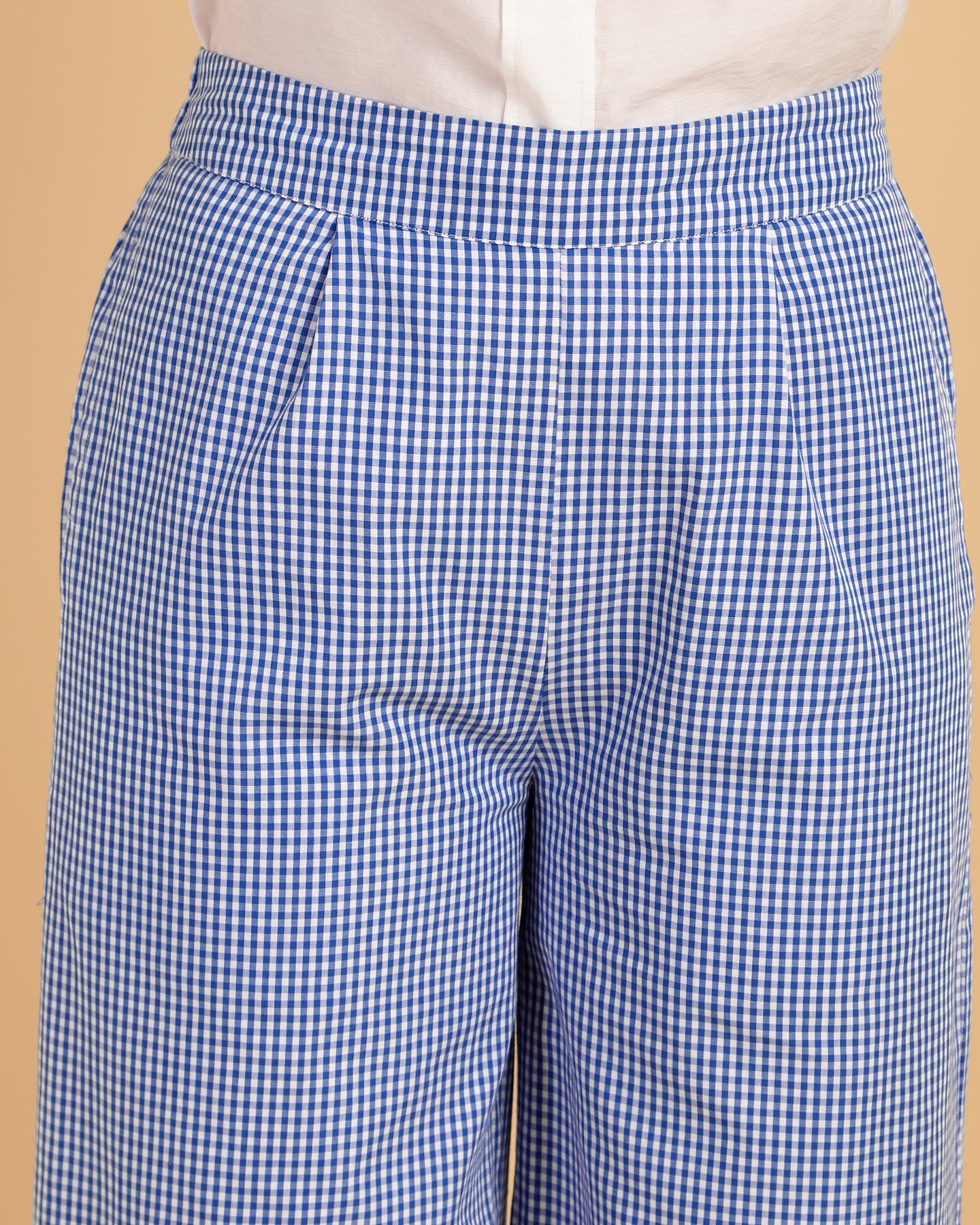 Women’s Blue Gingham Wide-Leg Slip-On Trousers – Casual Pants-2909