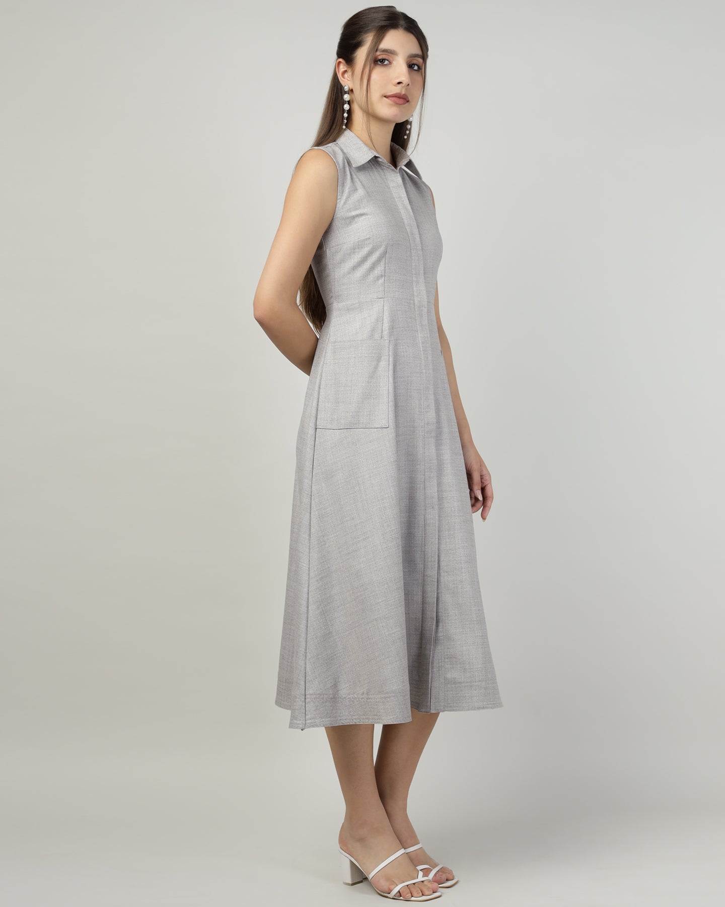 Women’s Grey Sleeveless Utility Shirt Long Dress -3031