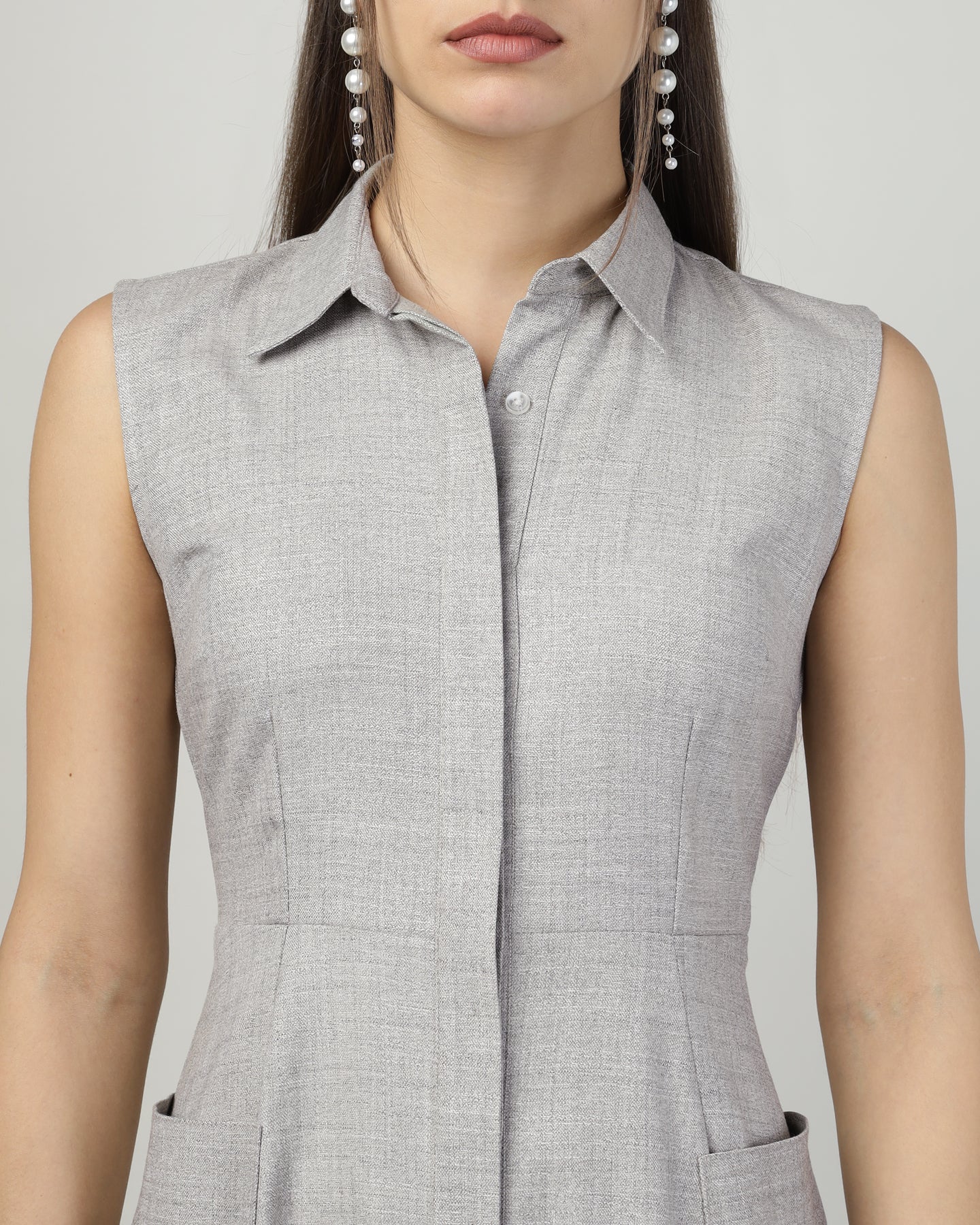 Women’s Grey Sleeveless Utility Shirt Long Dress -3031