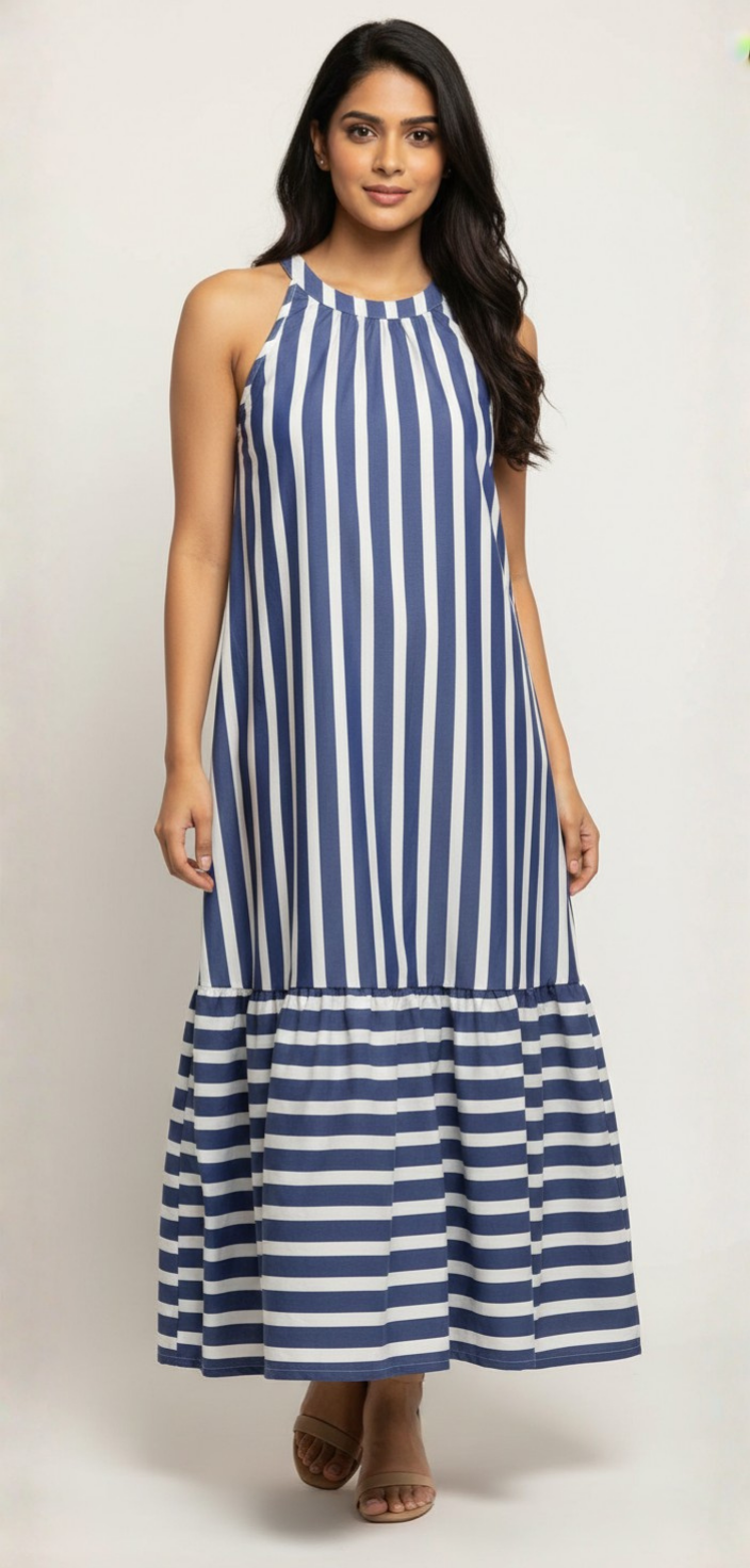 Women’s Blue Off-White Striped Halter Neck Flounce Hem Dress - 3090