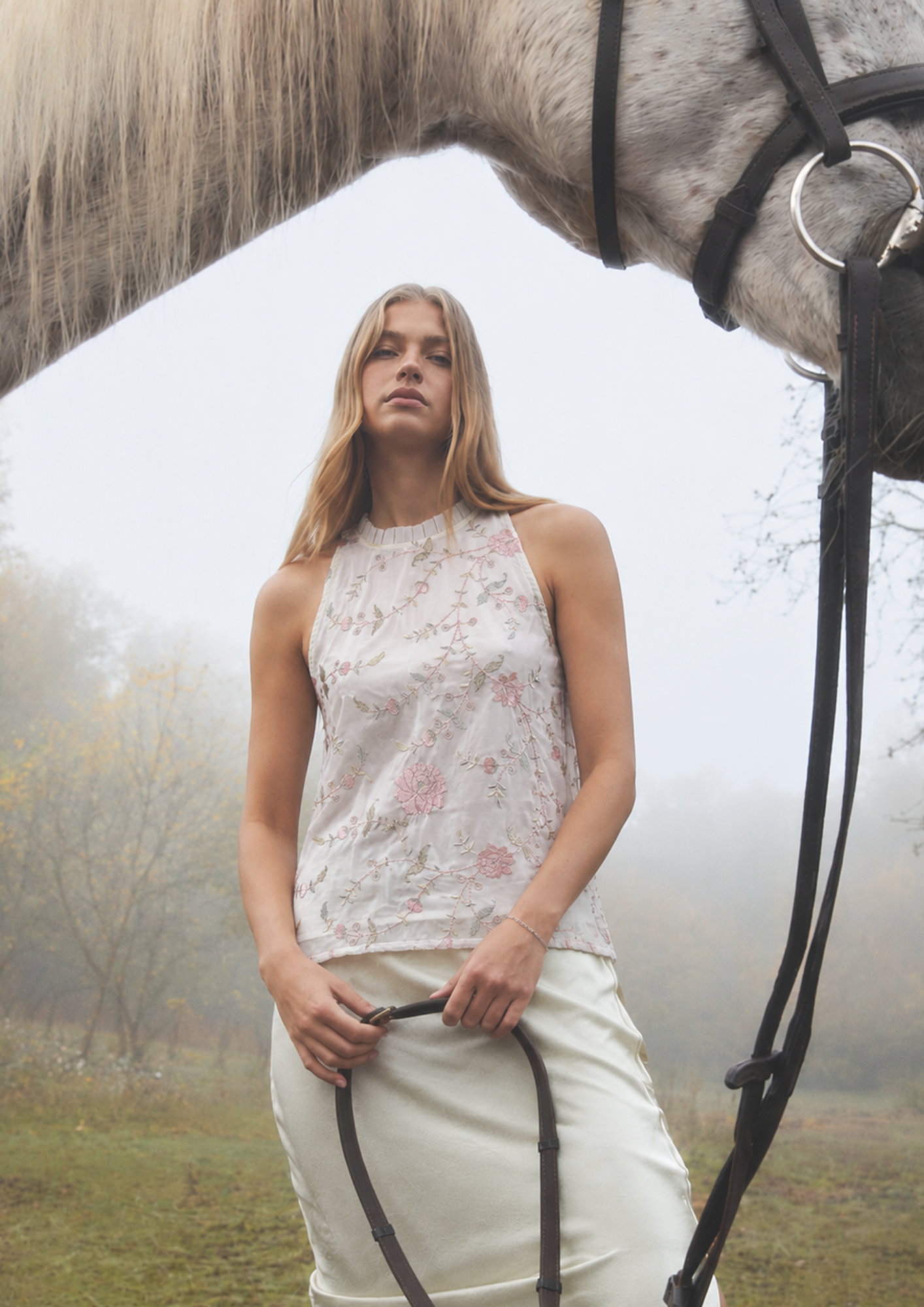 Soft Off-White Floral Halter Organza neck top - 2820