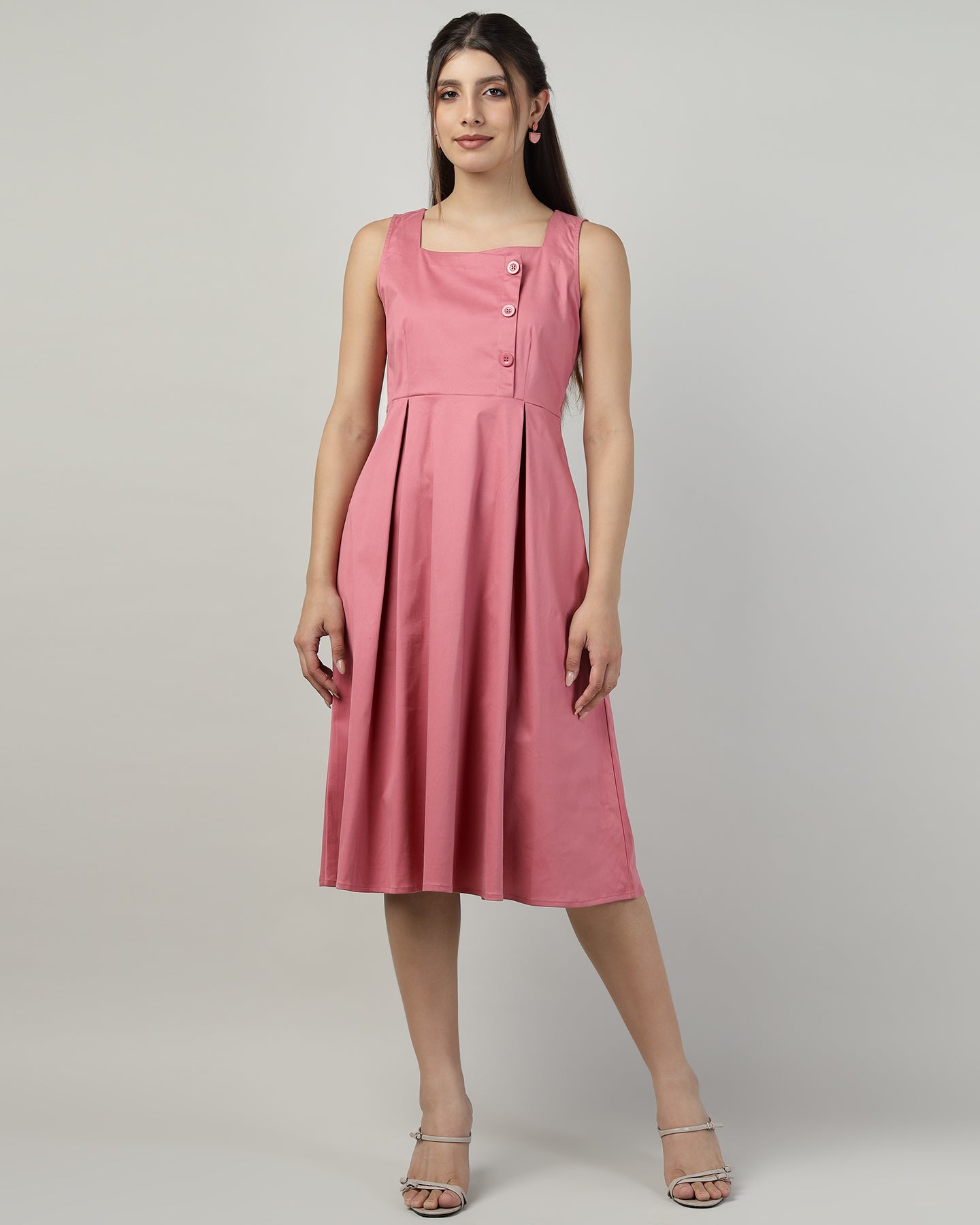 Women’s Buttoned Pink Pinafore Midi Dress - 3004