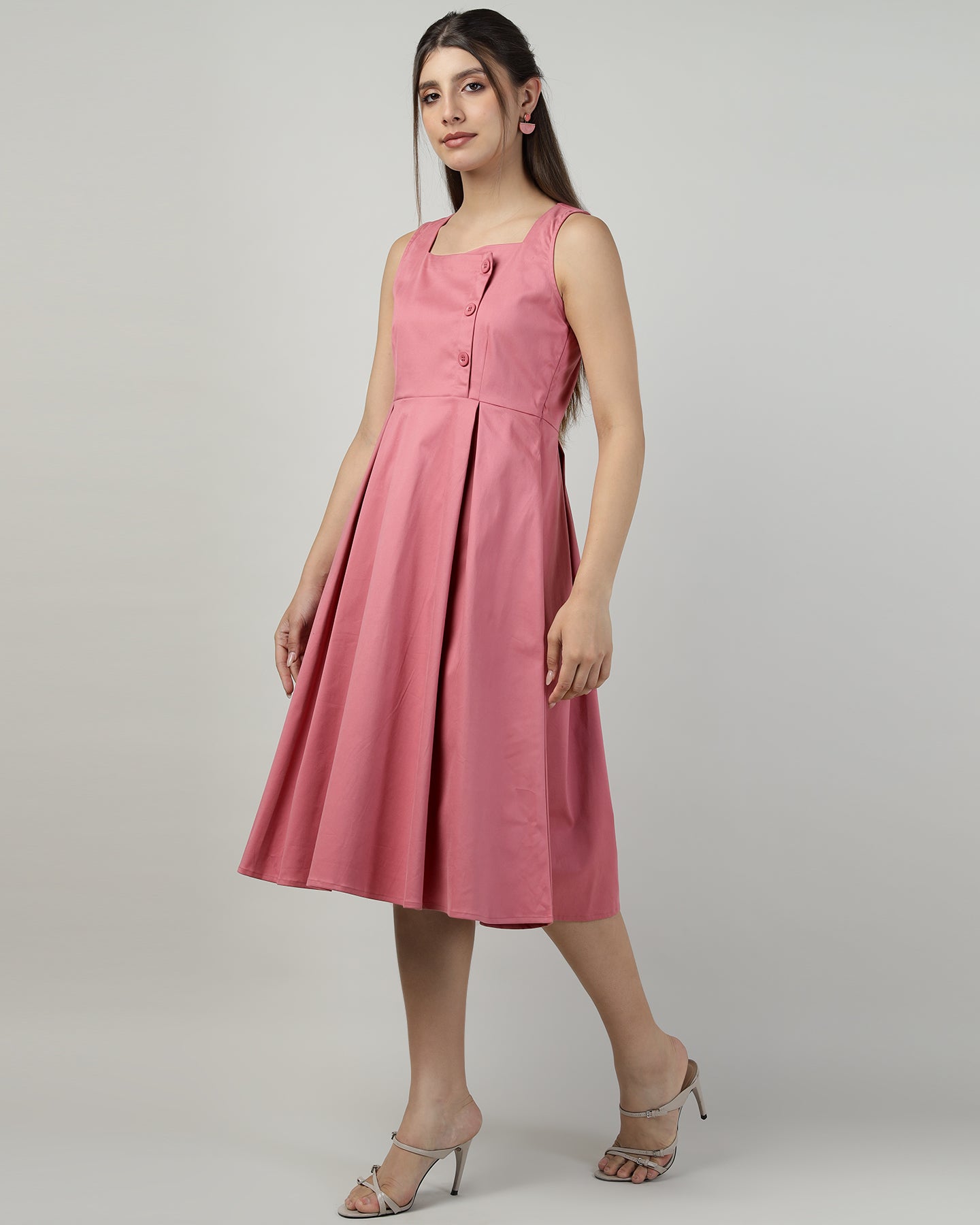 Women’s Buttoned Pink Pinafore Midi Dress - 3004