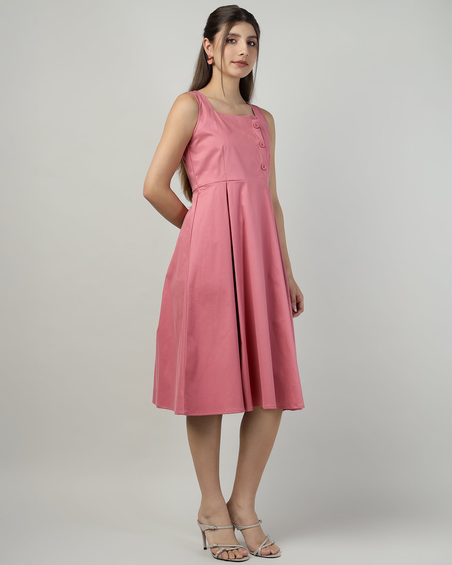 Women’s Buttoned Pink Pinafore Midi Dress - 3004