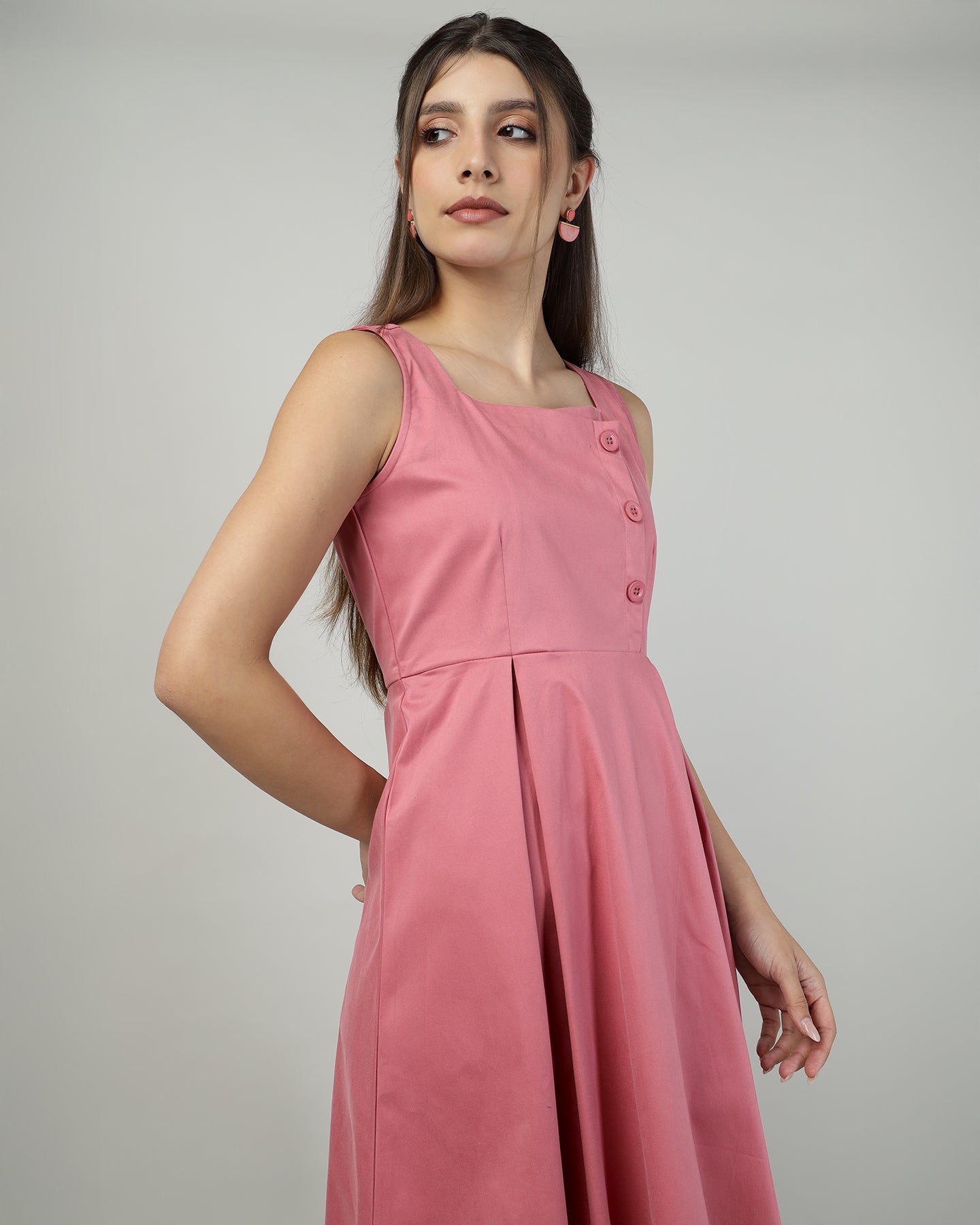Women’s Buttoned Pink Pinafore Midi Dress - 3004