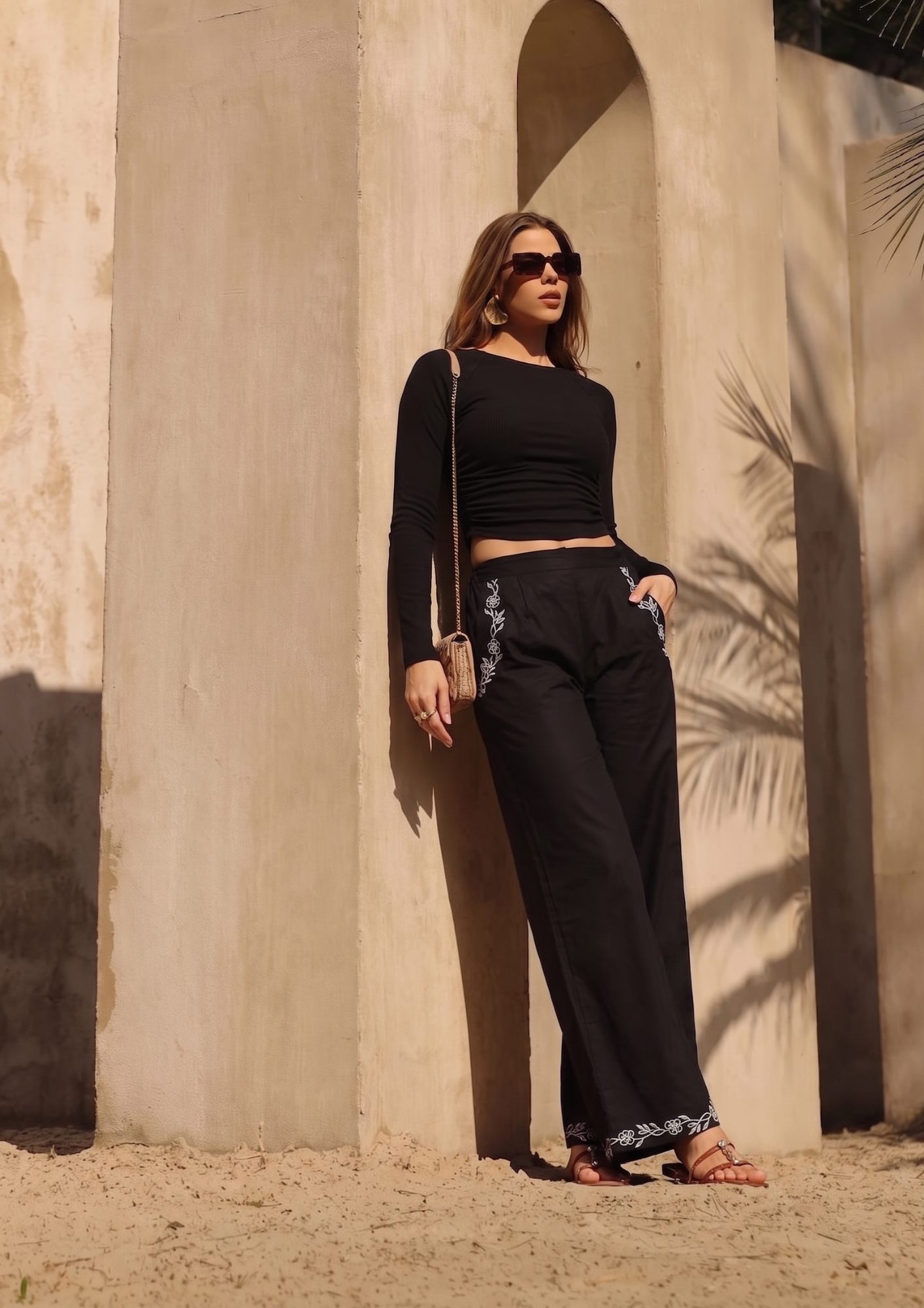 Women’s Black Poplin Embroidered High-Waist Trousers – Casual Pants- 2946