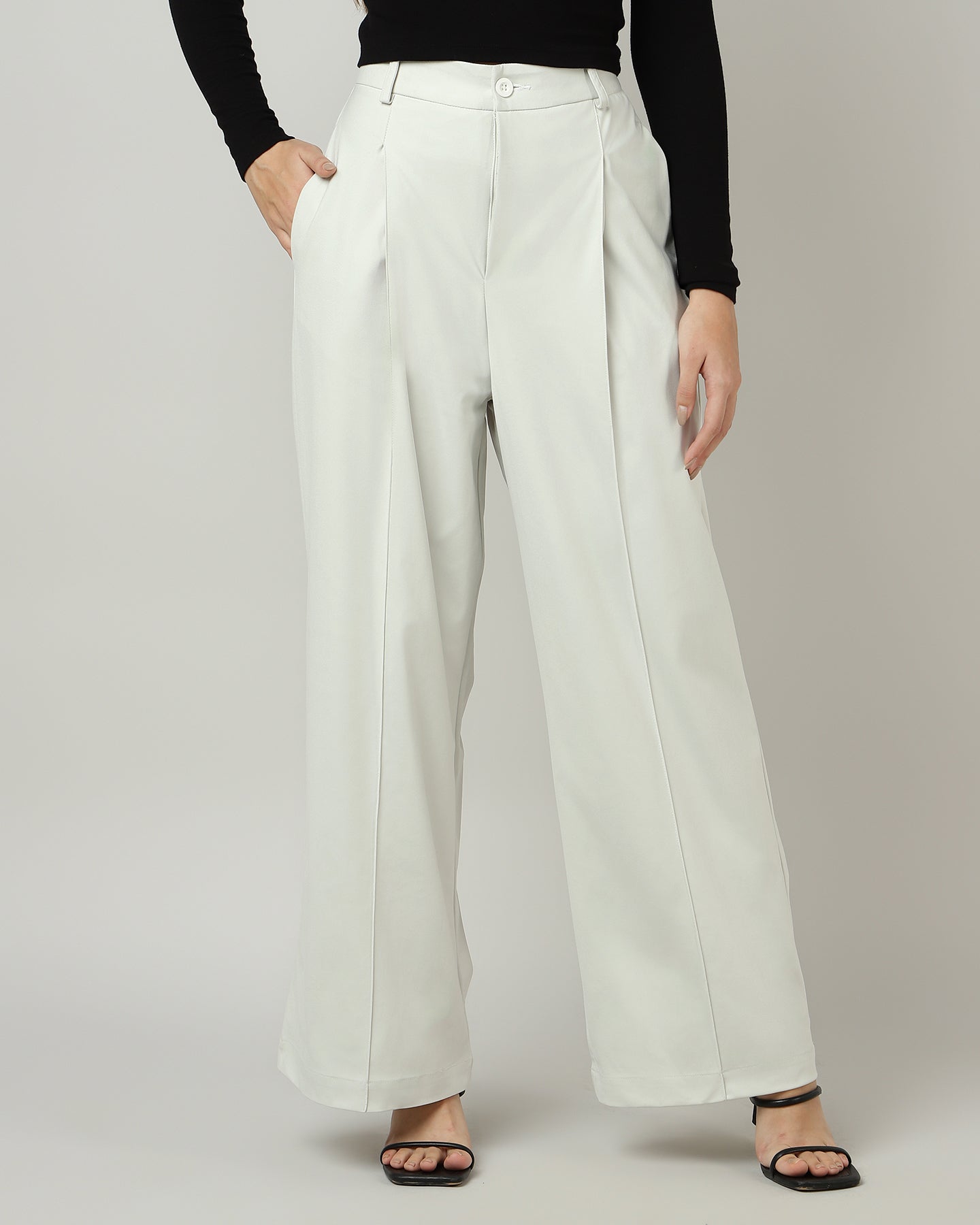 Women’s Off-White Pleated Wide-Leg Korean Pants - 3048
