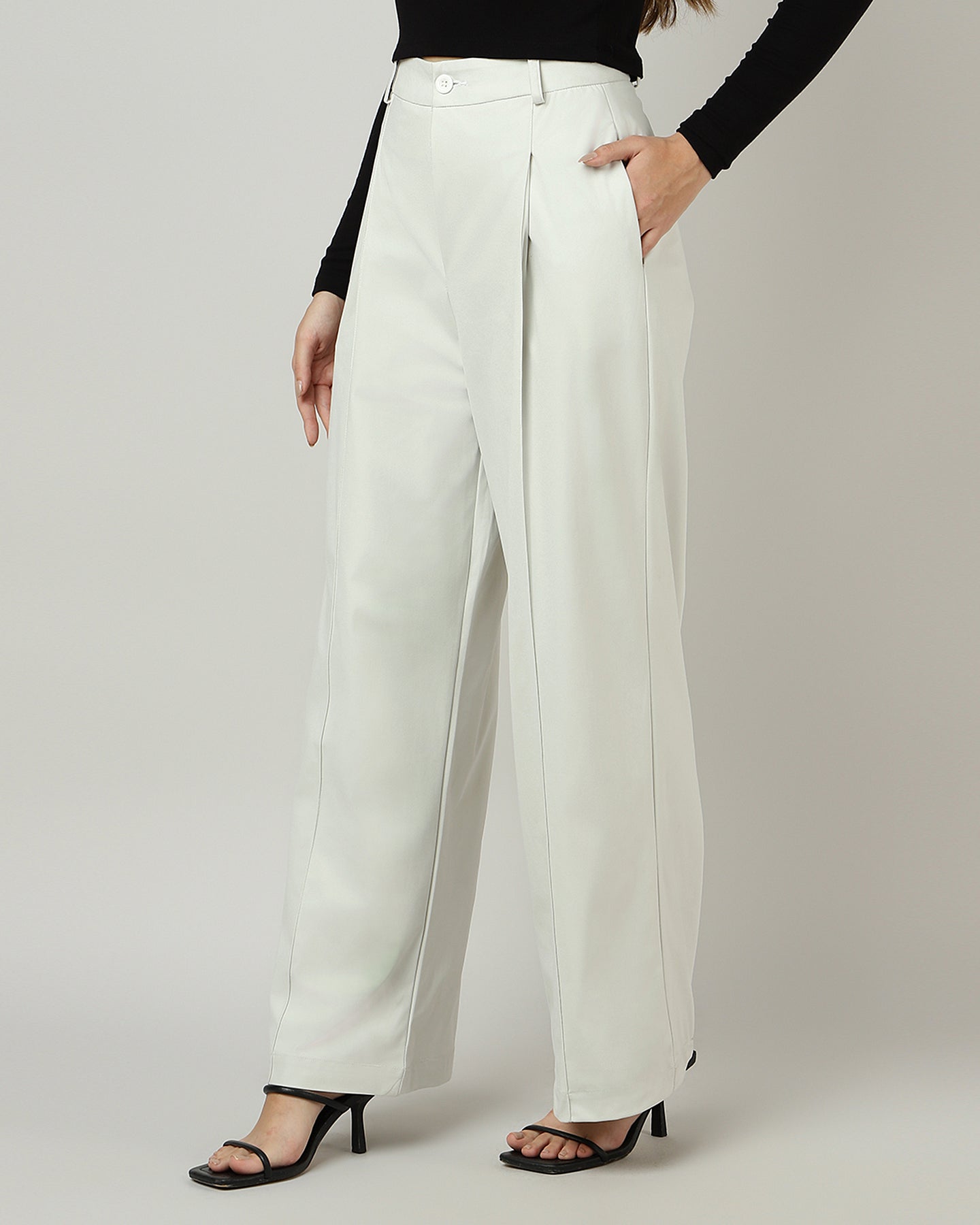 Women’s Off-White Pleated Wide-Leg Korean Pants - 3048