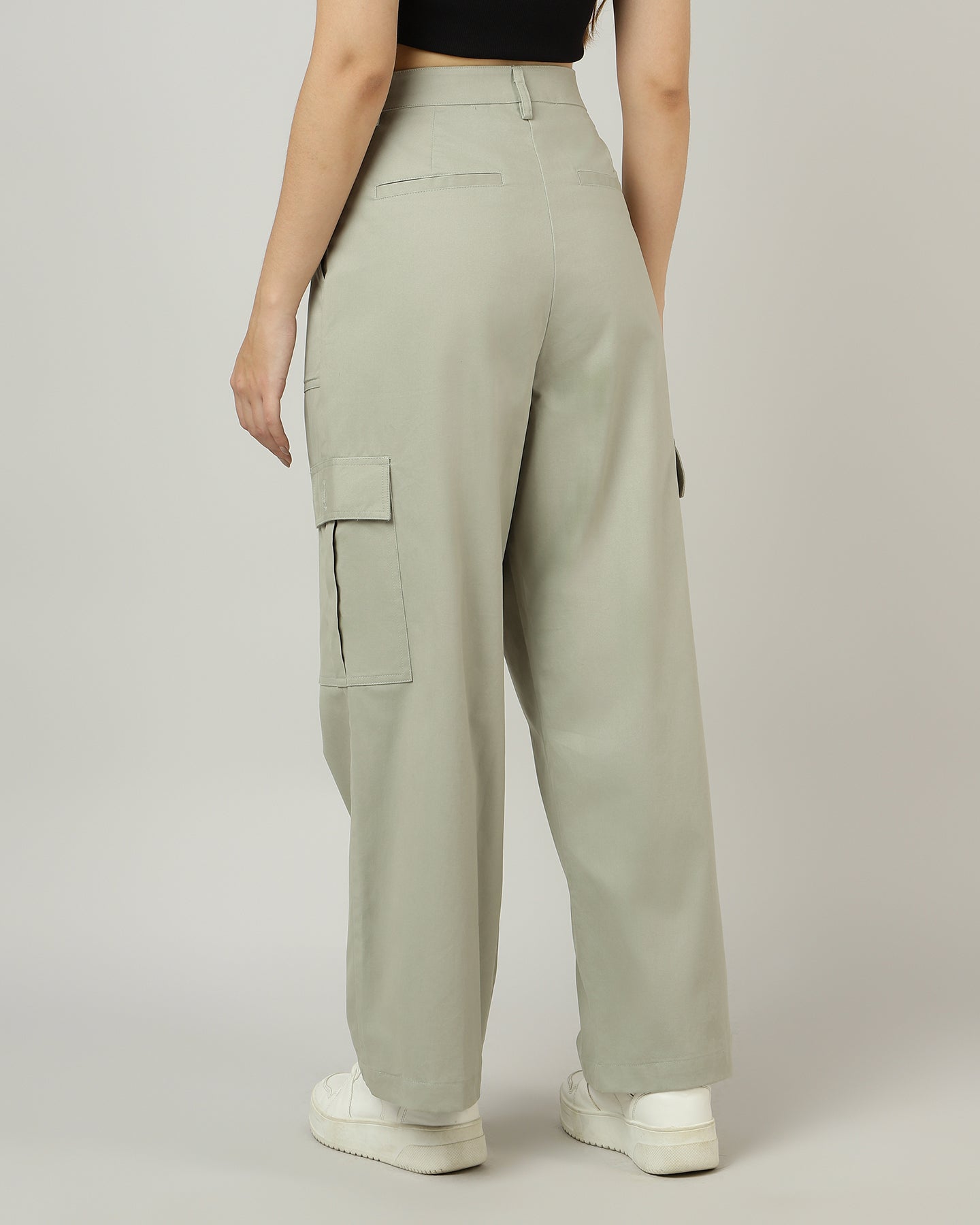 Women’s Sage Green Wide-Leg Cargo Pants with Flap Pockets - 3052