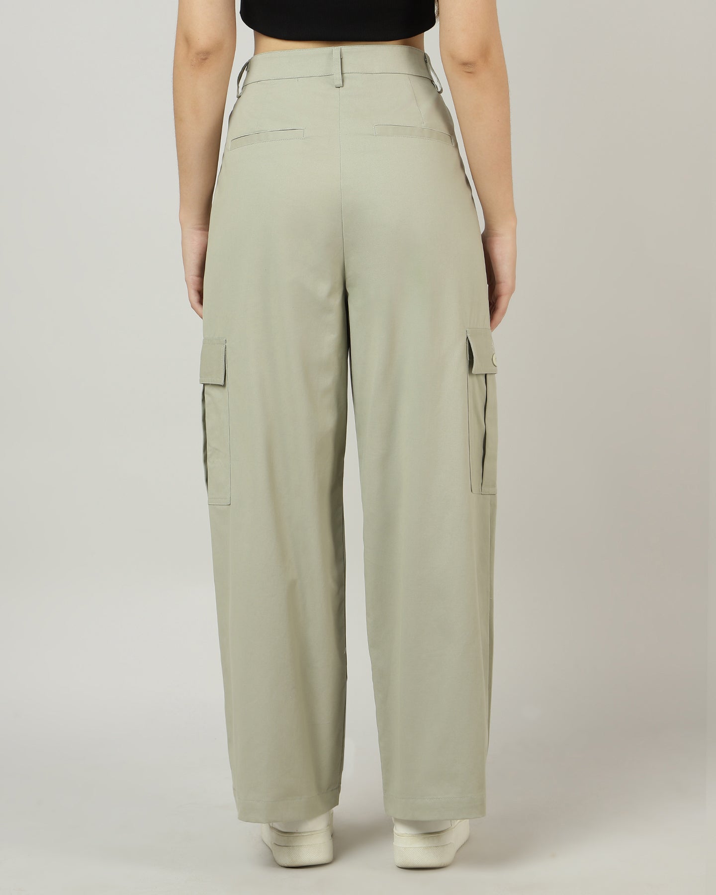 Women’s Sage Green Wide-Leg Cargo Pants with Flap Pockets - 3052