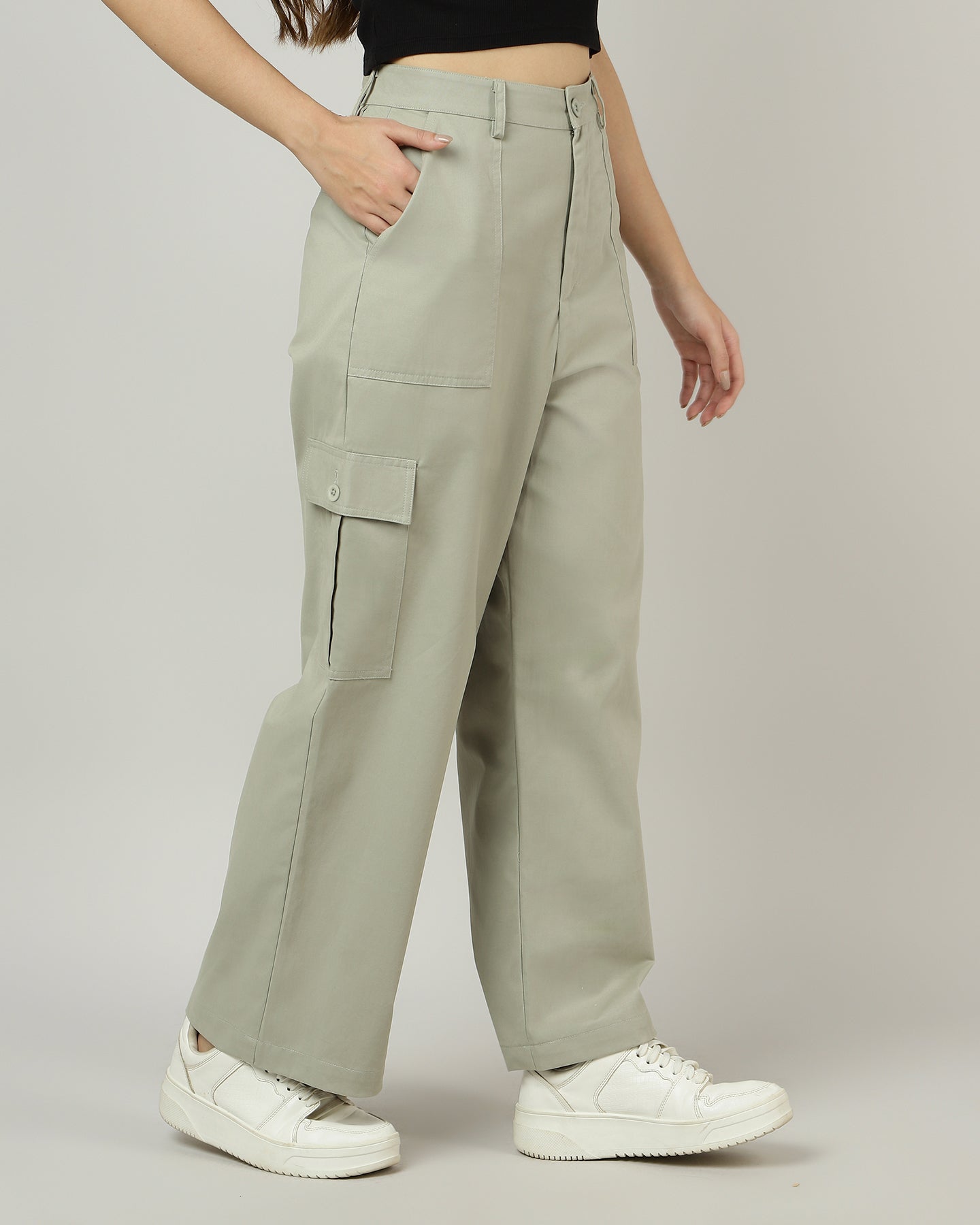 Women’s Sage Green Wide-Leg Cargo Pants with Flap Pockets - 3052