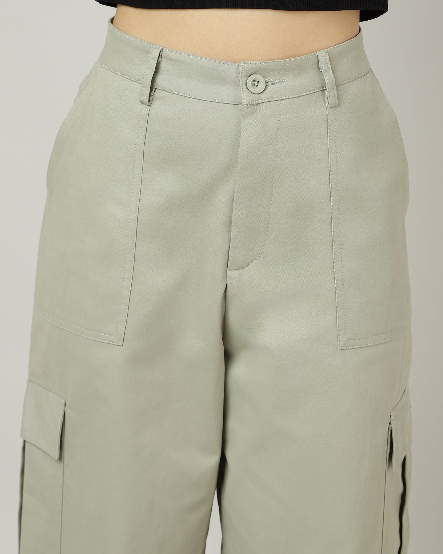 Women’s Sage Green Wide-Leg Cargo Pants with Flap Pockets - 3052