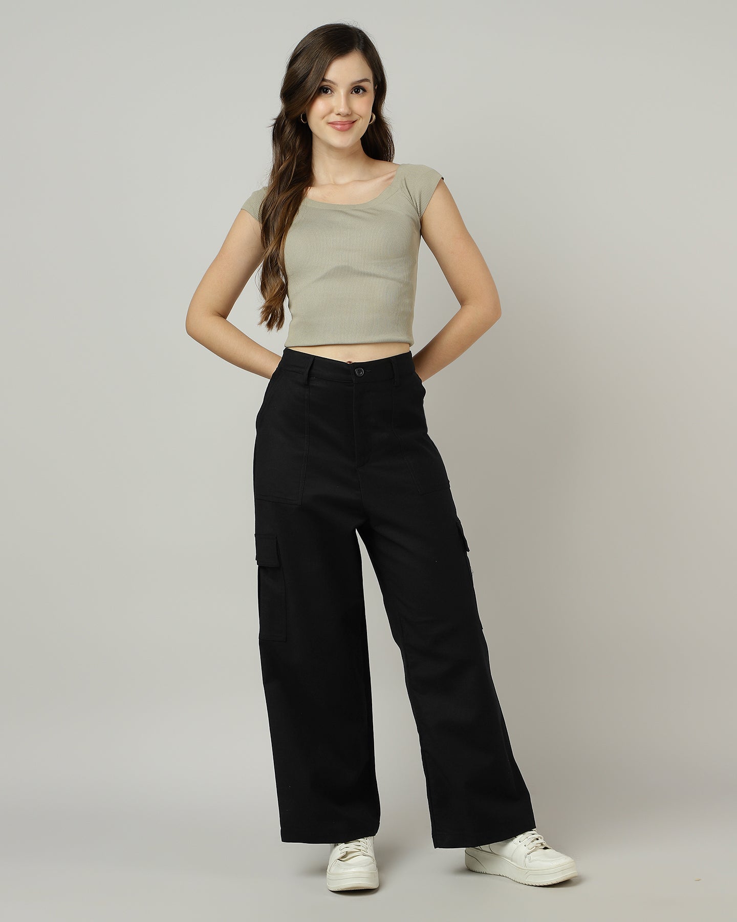 Women’s Black Wide-Leg Cargo Pants with Flap Pockets - 3053