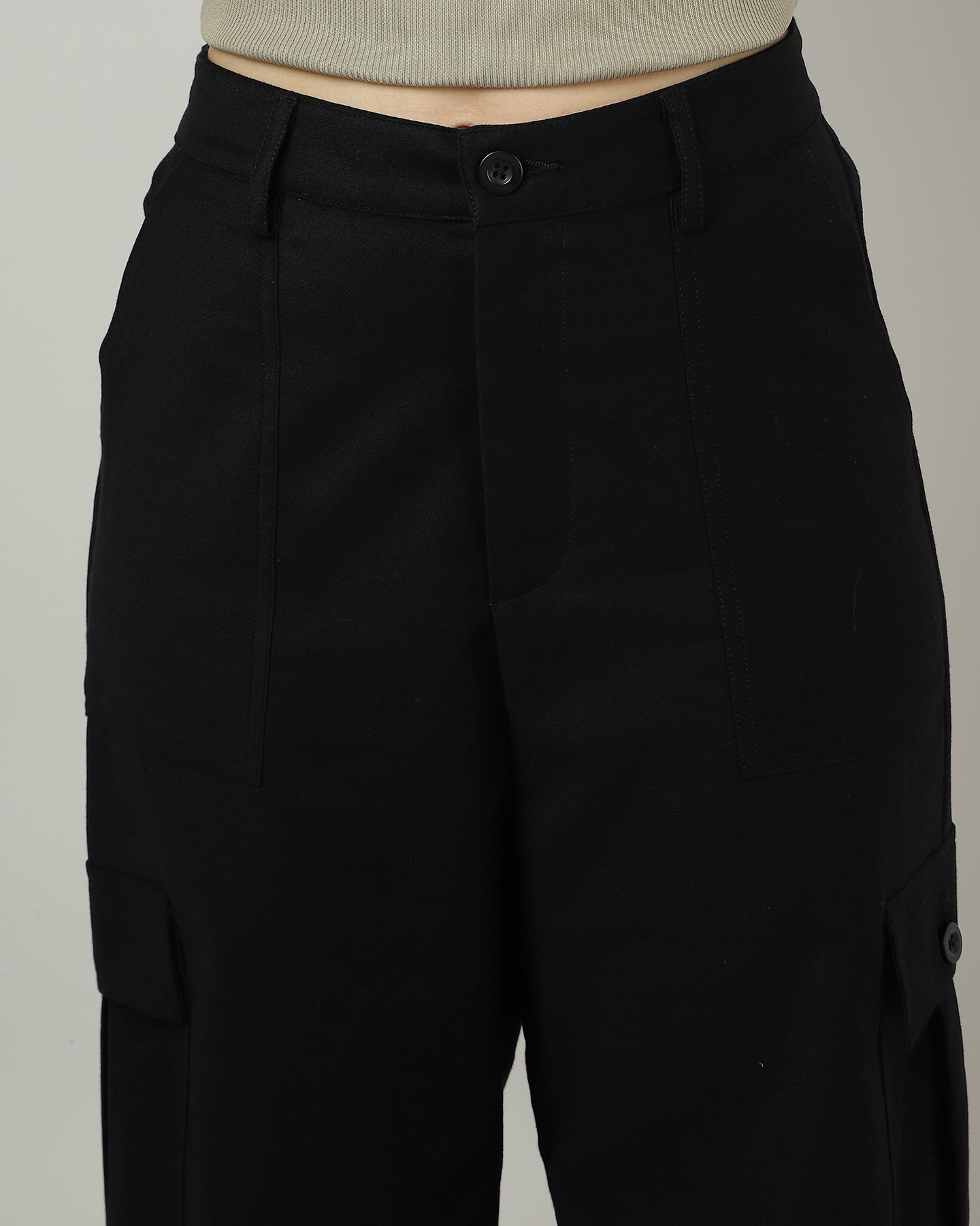 Women’s Black Wide-Leg Cargo Pants with Flap Pockets - 3053
