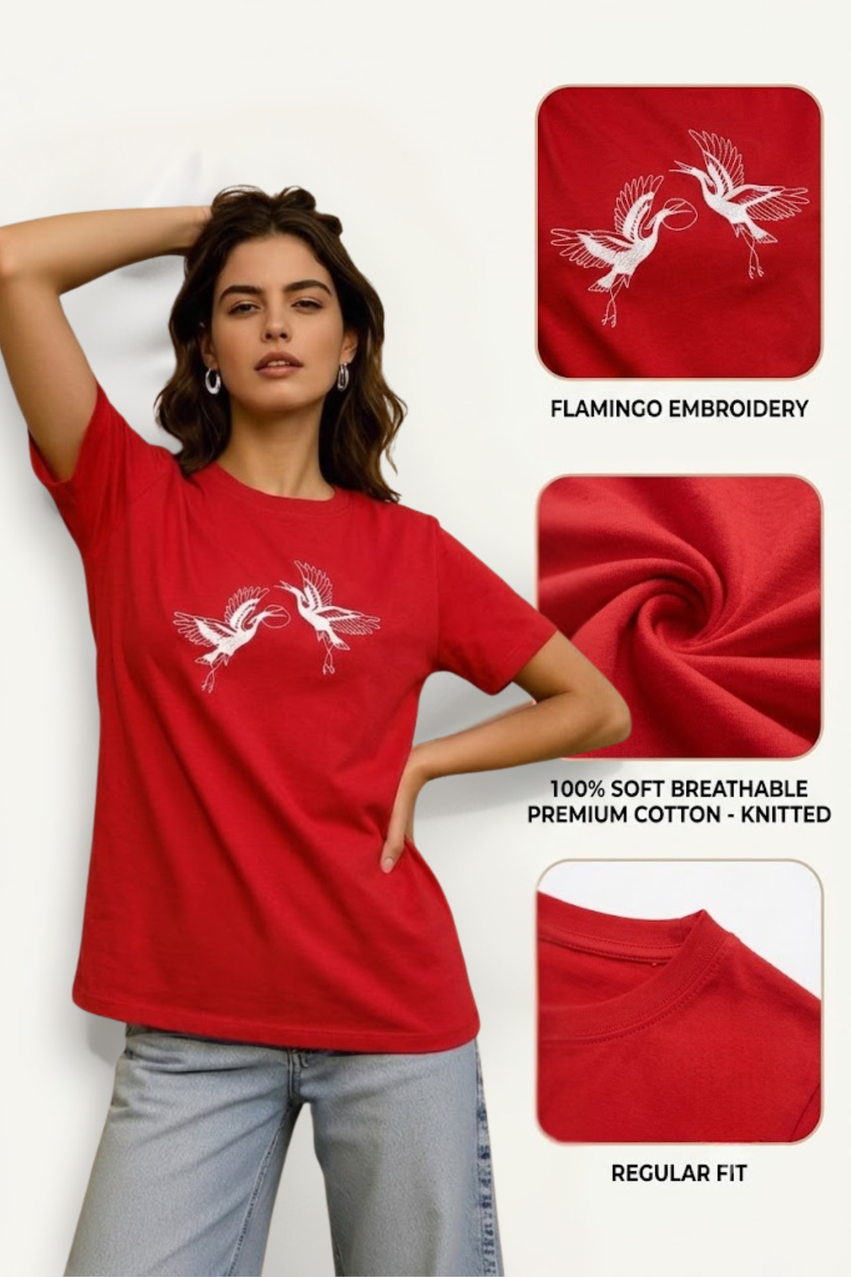 Sands Of India Women’s Red Regular Fit T-Shirt with Flamingo Embroidery - 2991