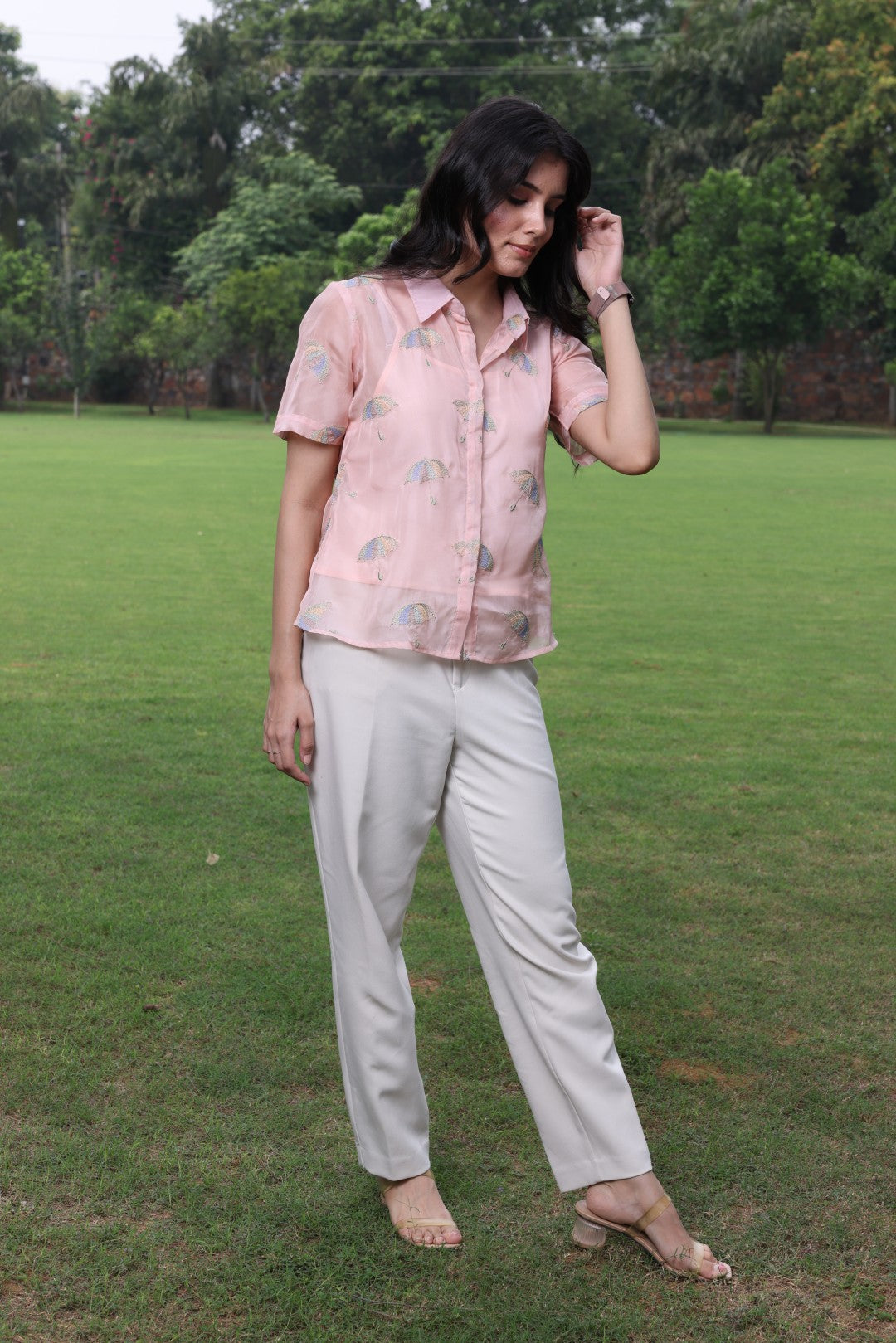 Pink umbrella embroidered organza shirt with camisole - 2819