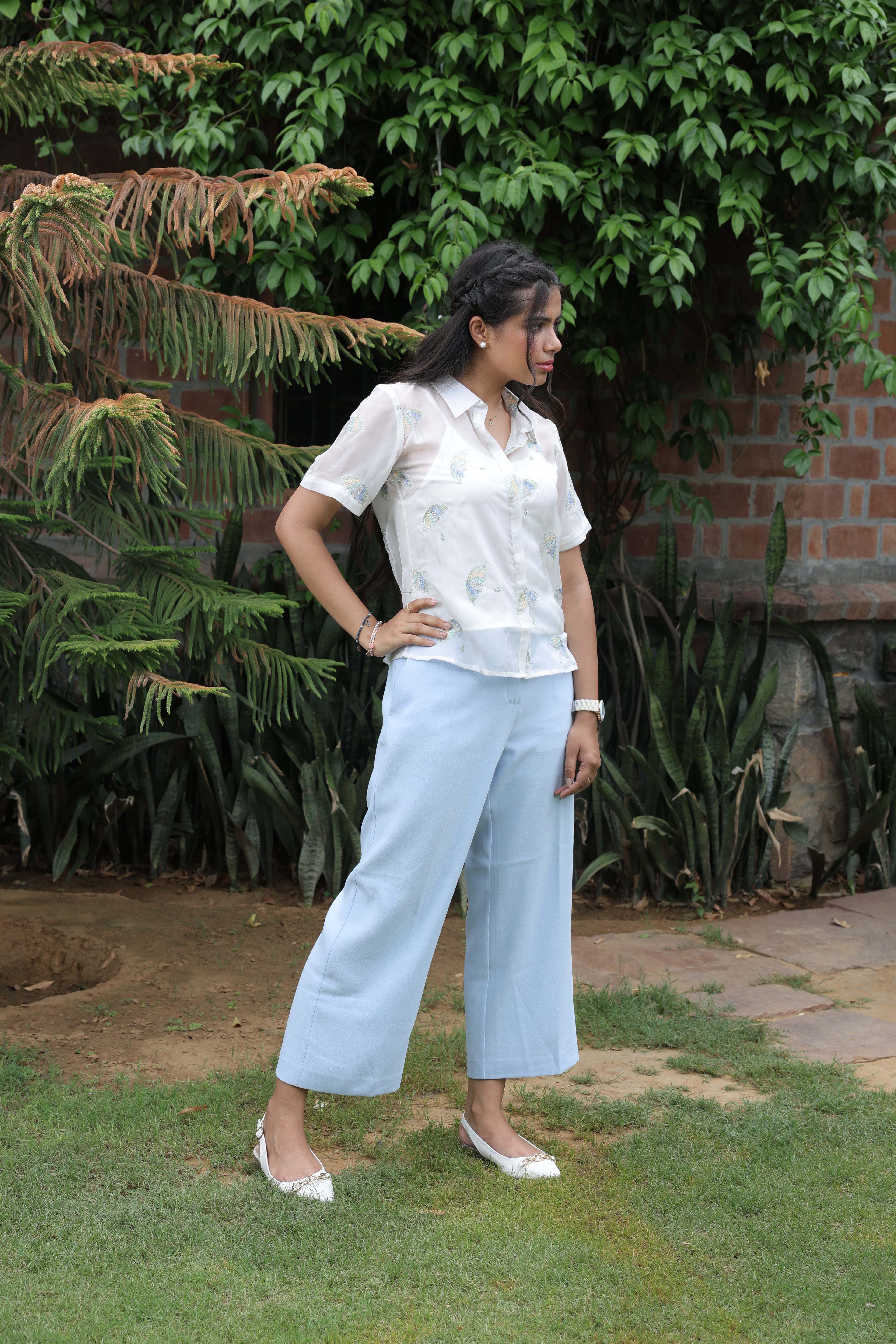 White Umbrella embroidered Organza shirt with Camisole - 2818