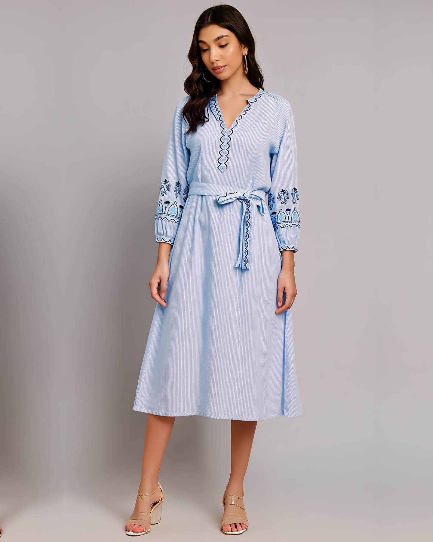 Blue Stripes Embroidered Dress with Detachable Belt - 1571