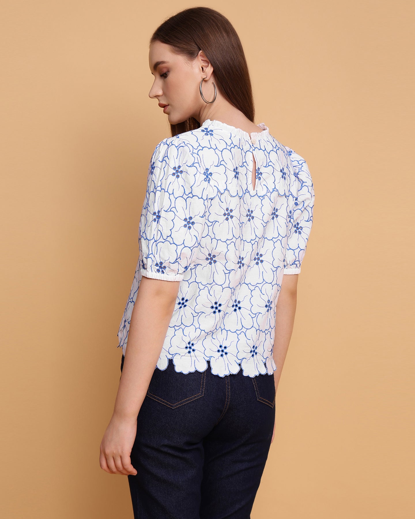 Women’s Embroidered White Schiffli Poplin Regular Fit Top- 1546