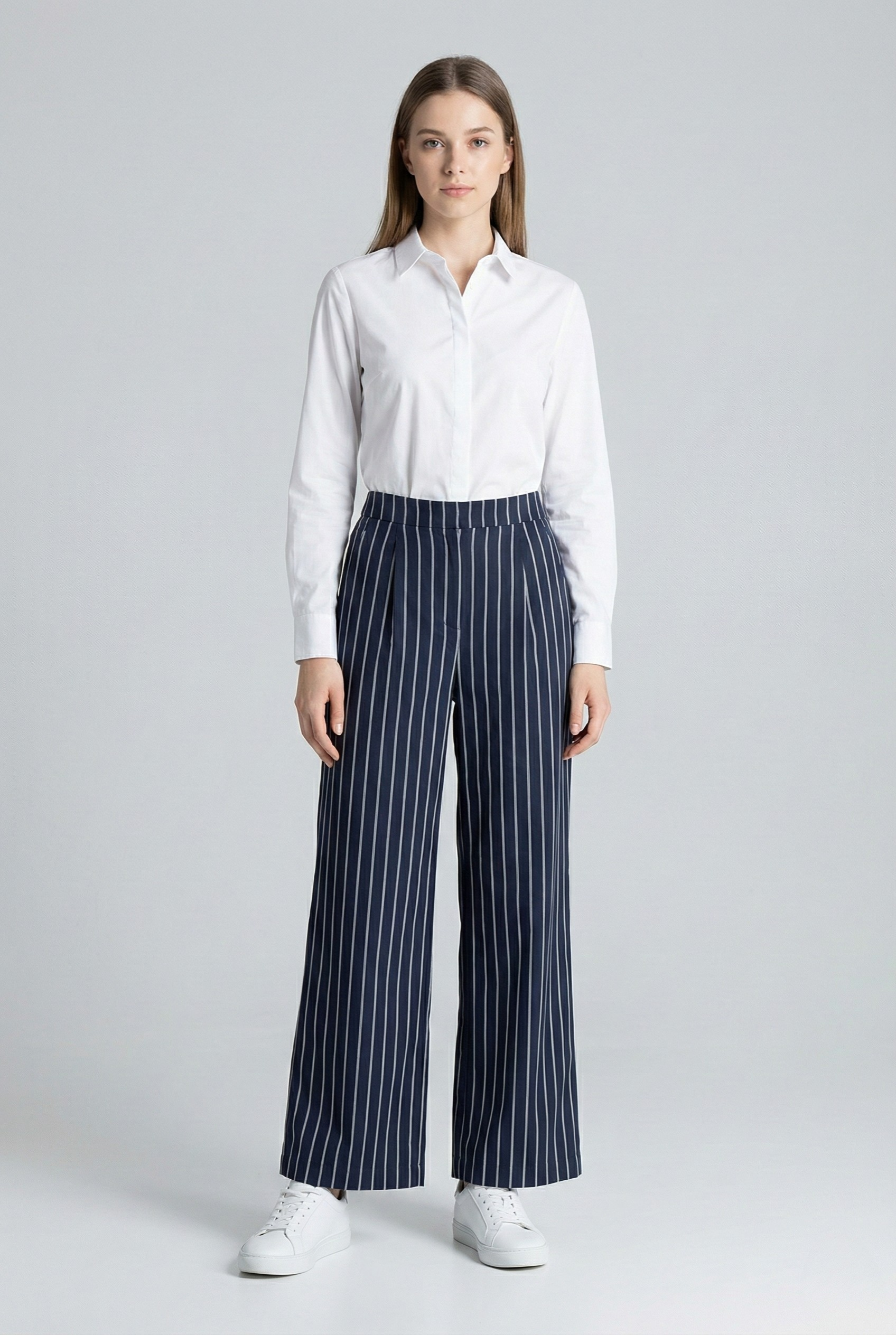 Women’s White & Blue Striped high waist Trousers with Pockets -3085