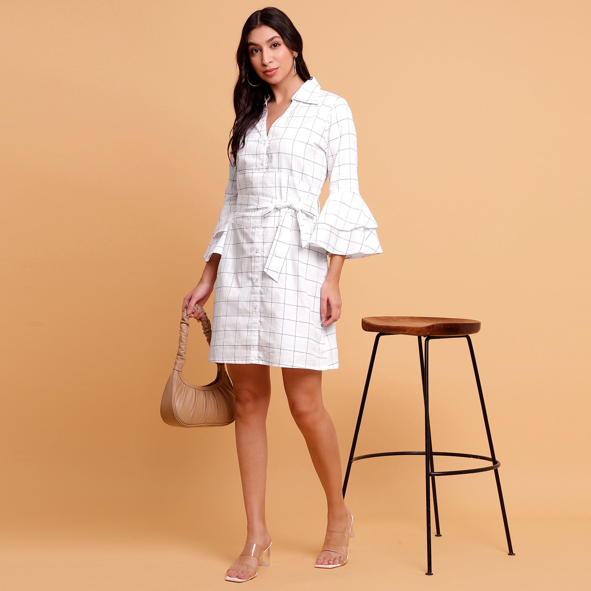 Women’s White Check Shirt Cum Midi Dress with Detachable Belt- 2888
