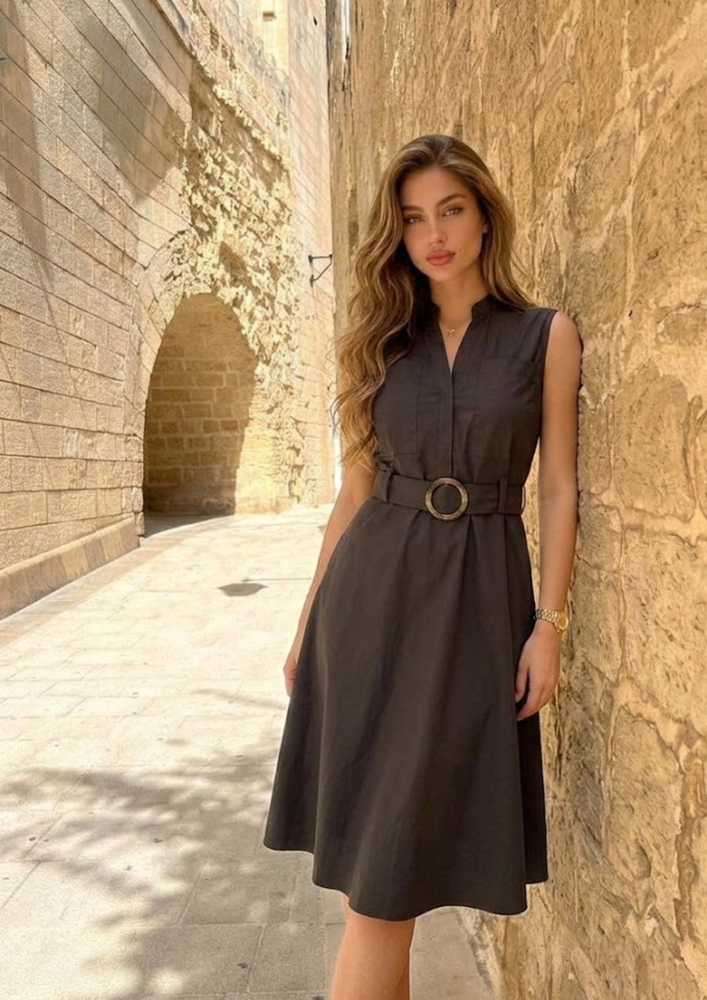Women’s Dark Olive Utility Sleeveless Belted Dress - 3035