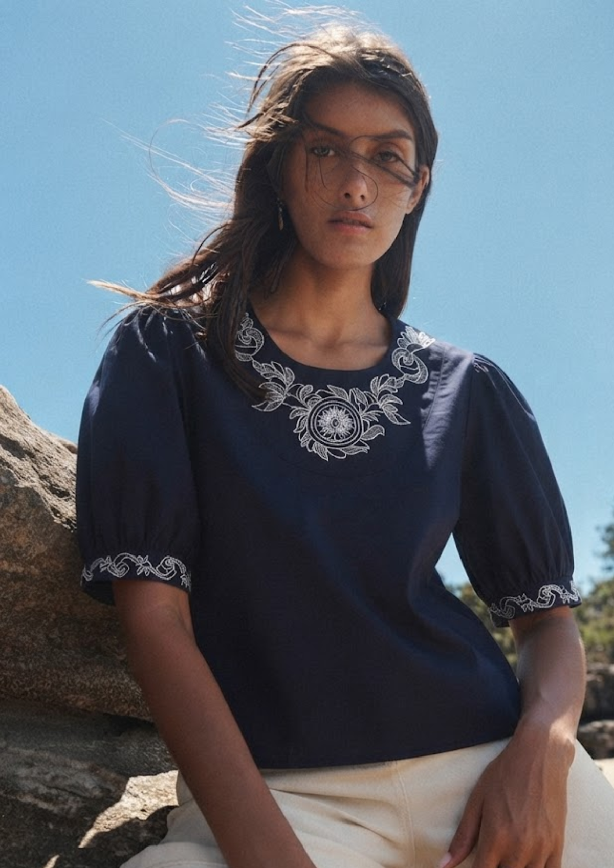 Sands Of India Women’s Embroidered Navy Blue Poplin Regular Fit Top -3106