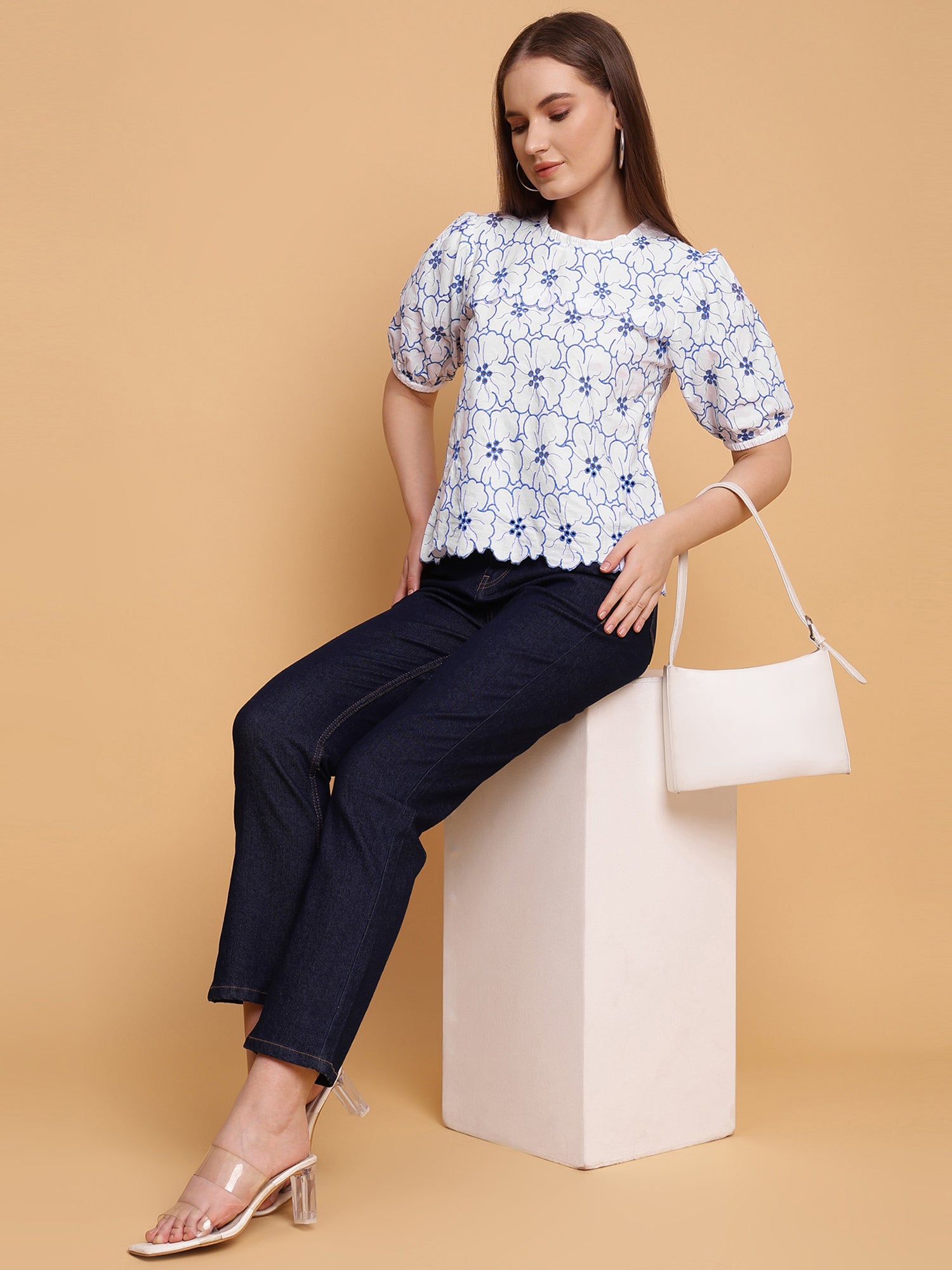 Women’s Embroidered White Schiffli Poplin Regular Fit Top- 1546