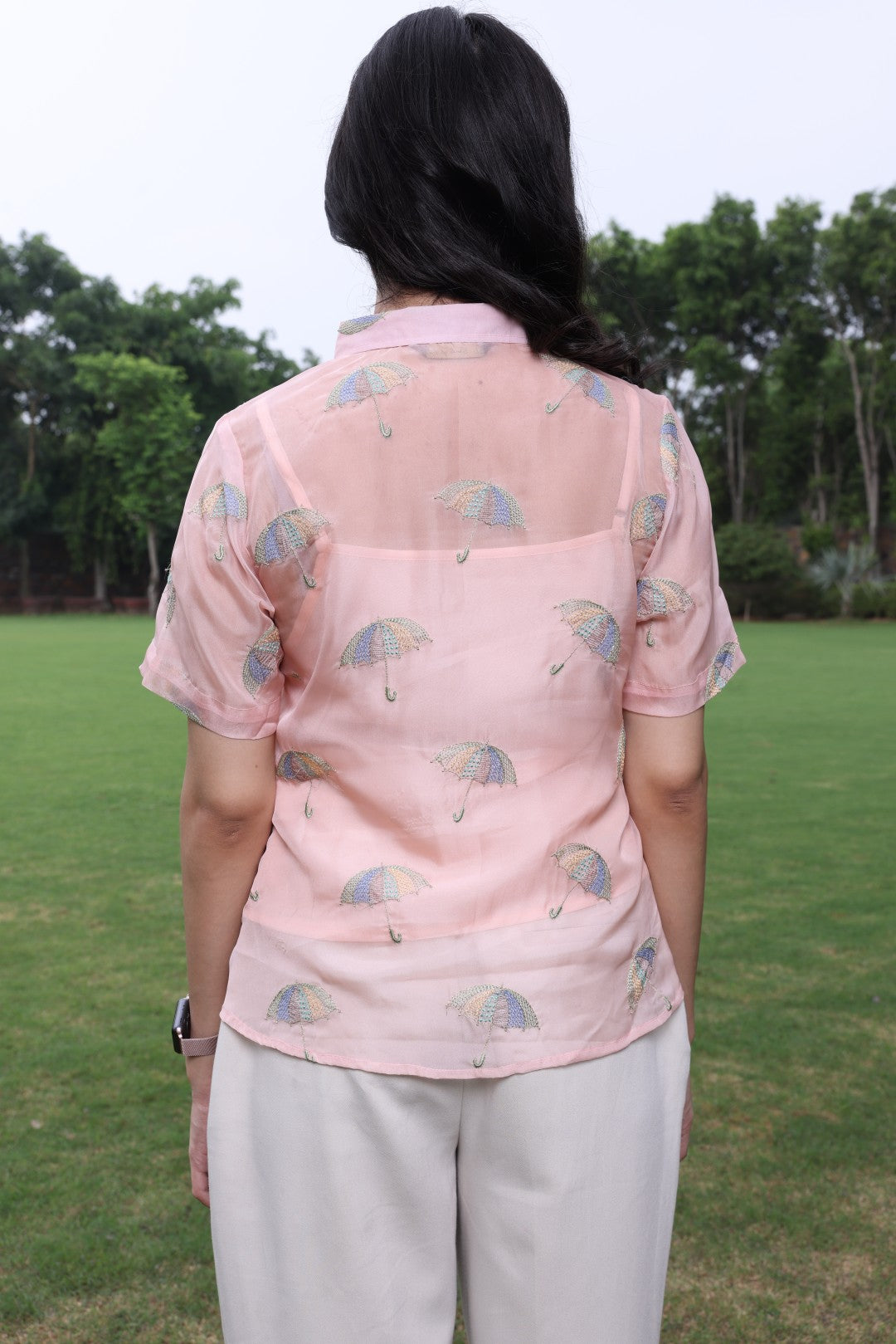 Pink umbrella embroidered organza shirt with camisole - 2819