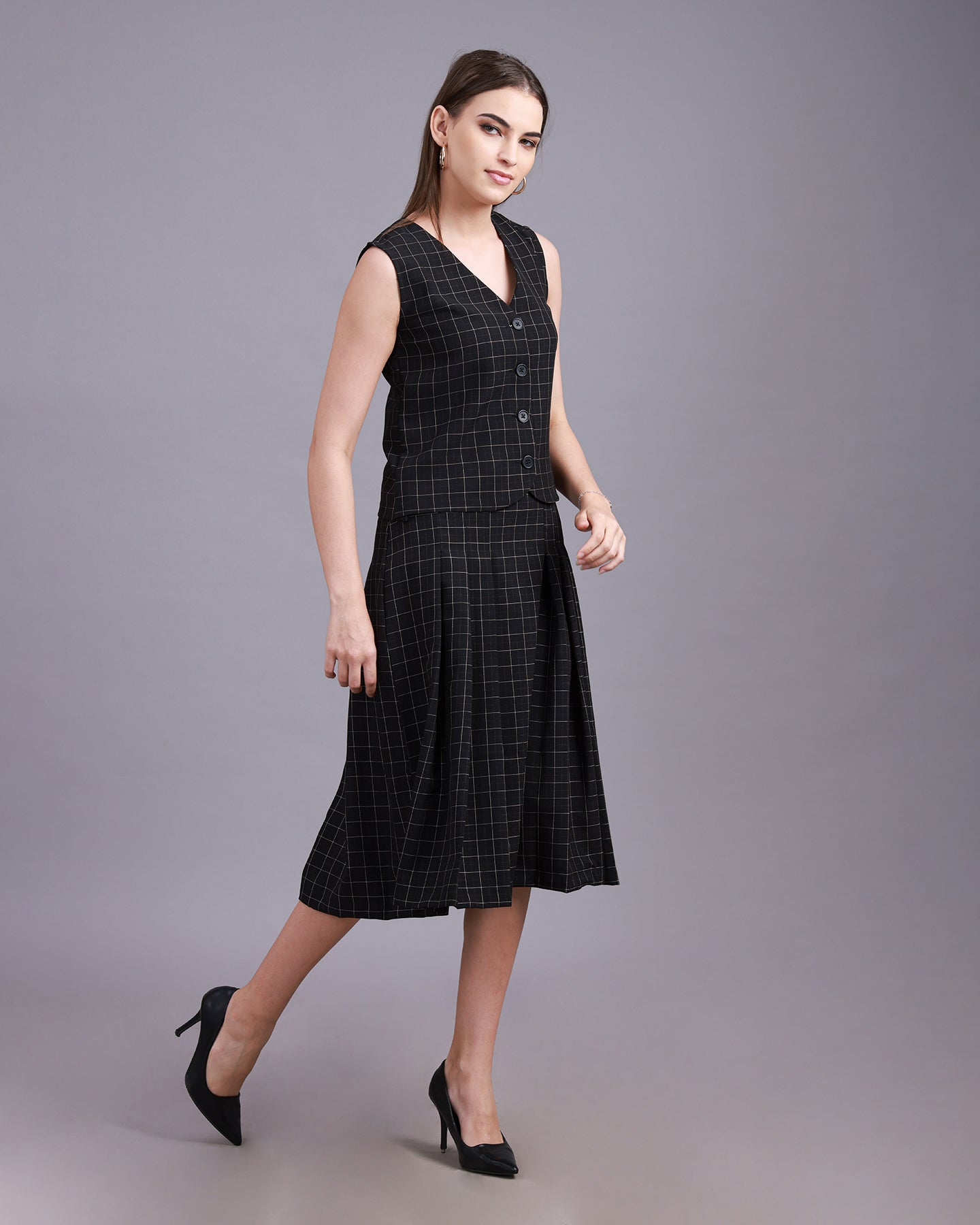 Black checkered Vest with Pleated A-line Skirt Co-ord set - 3073