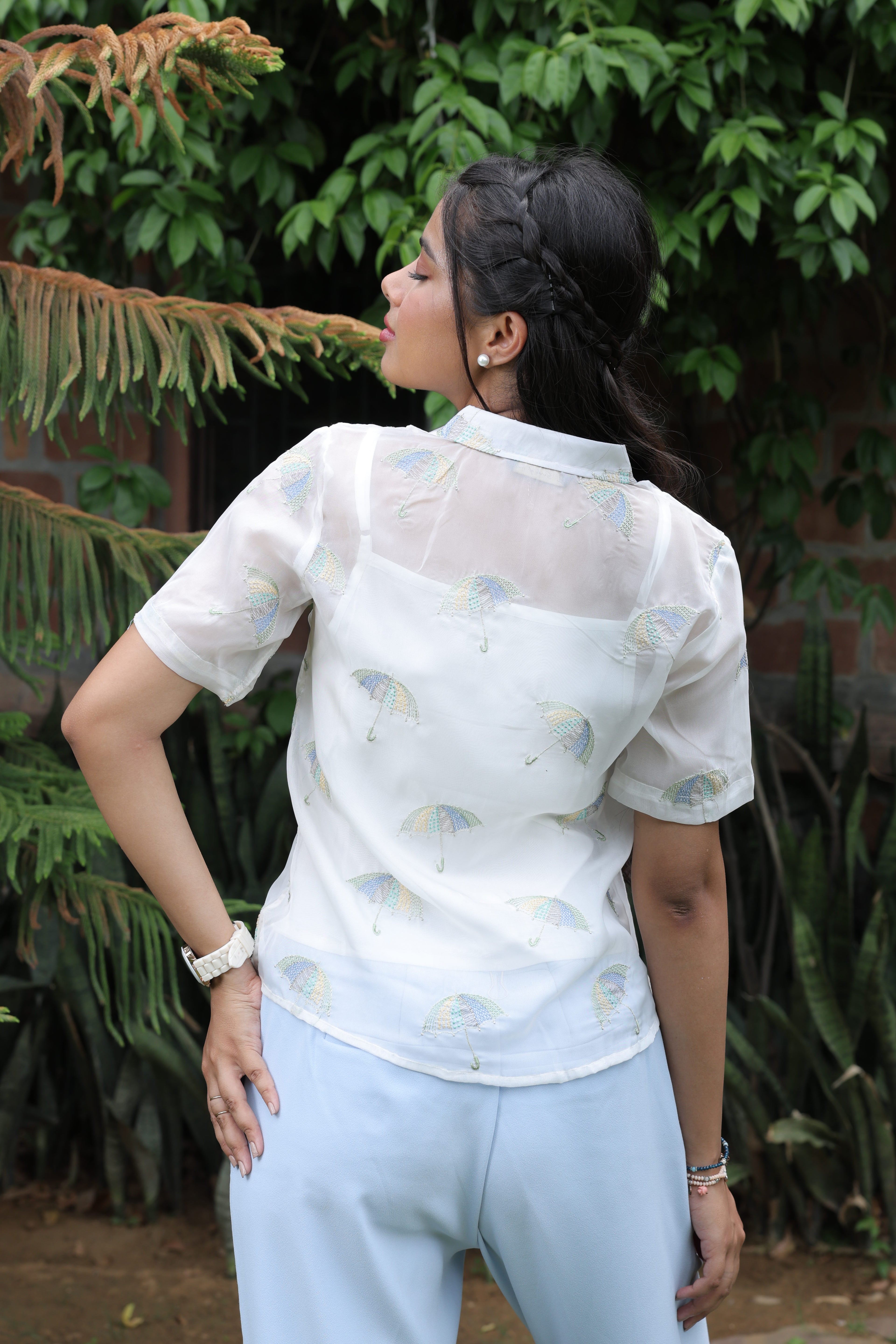 White Umbrella embroidered Organza shirt with Camisole - 2818