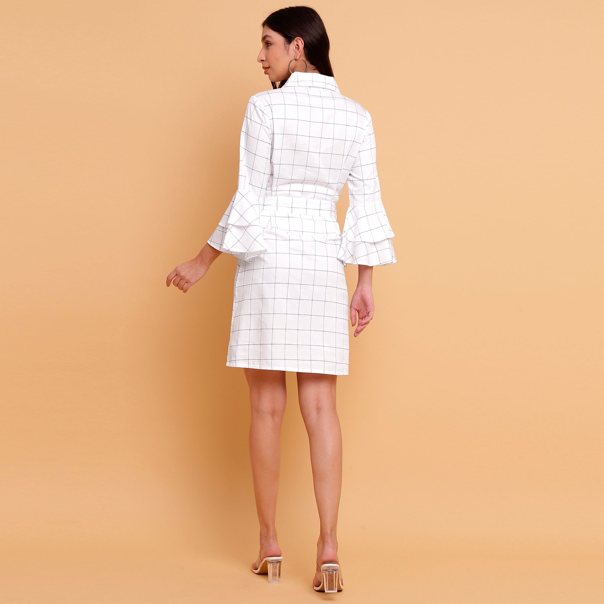 Women’s White Check Shirt Cum Midi Dress with Detachable Belt- 2888