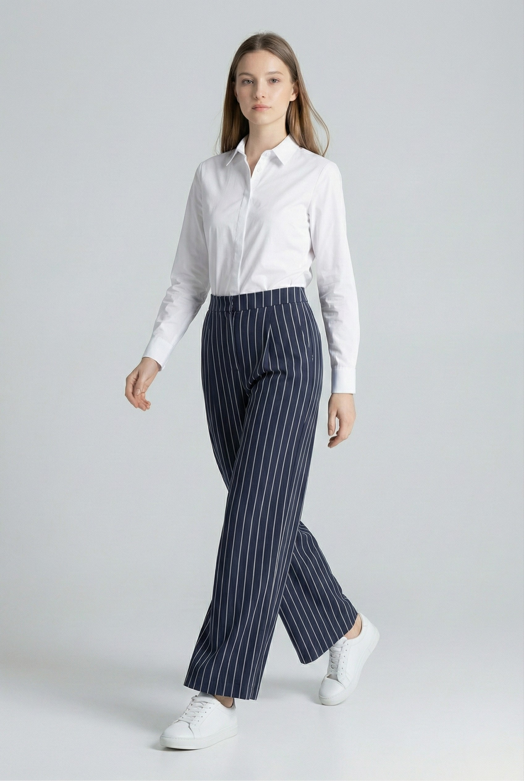 Women’s White & Blue Striped high waist Trousers with Pockets -3085