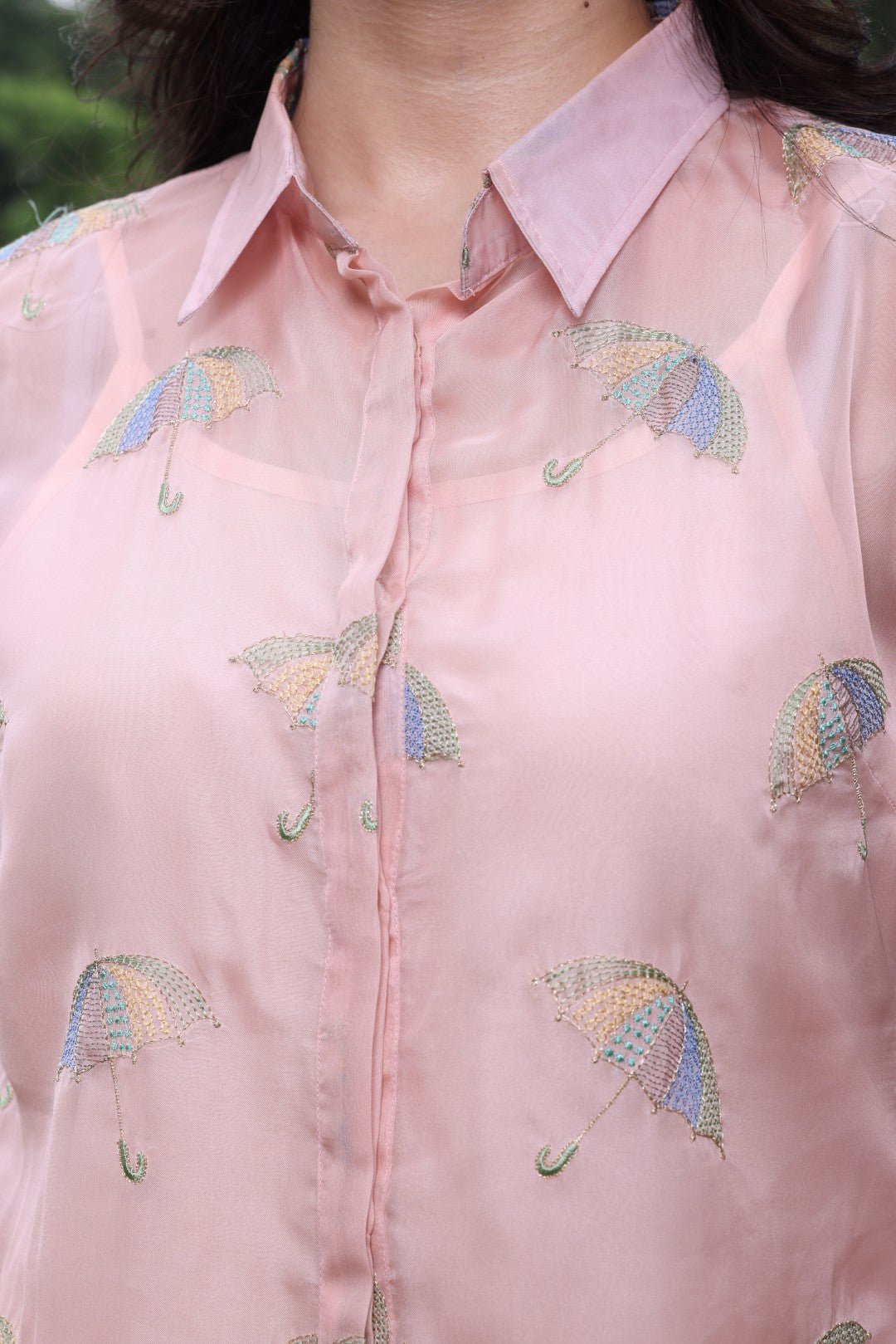 Pink umbrella embroidered organza shirt with camisole - 2819