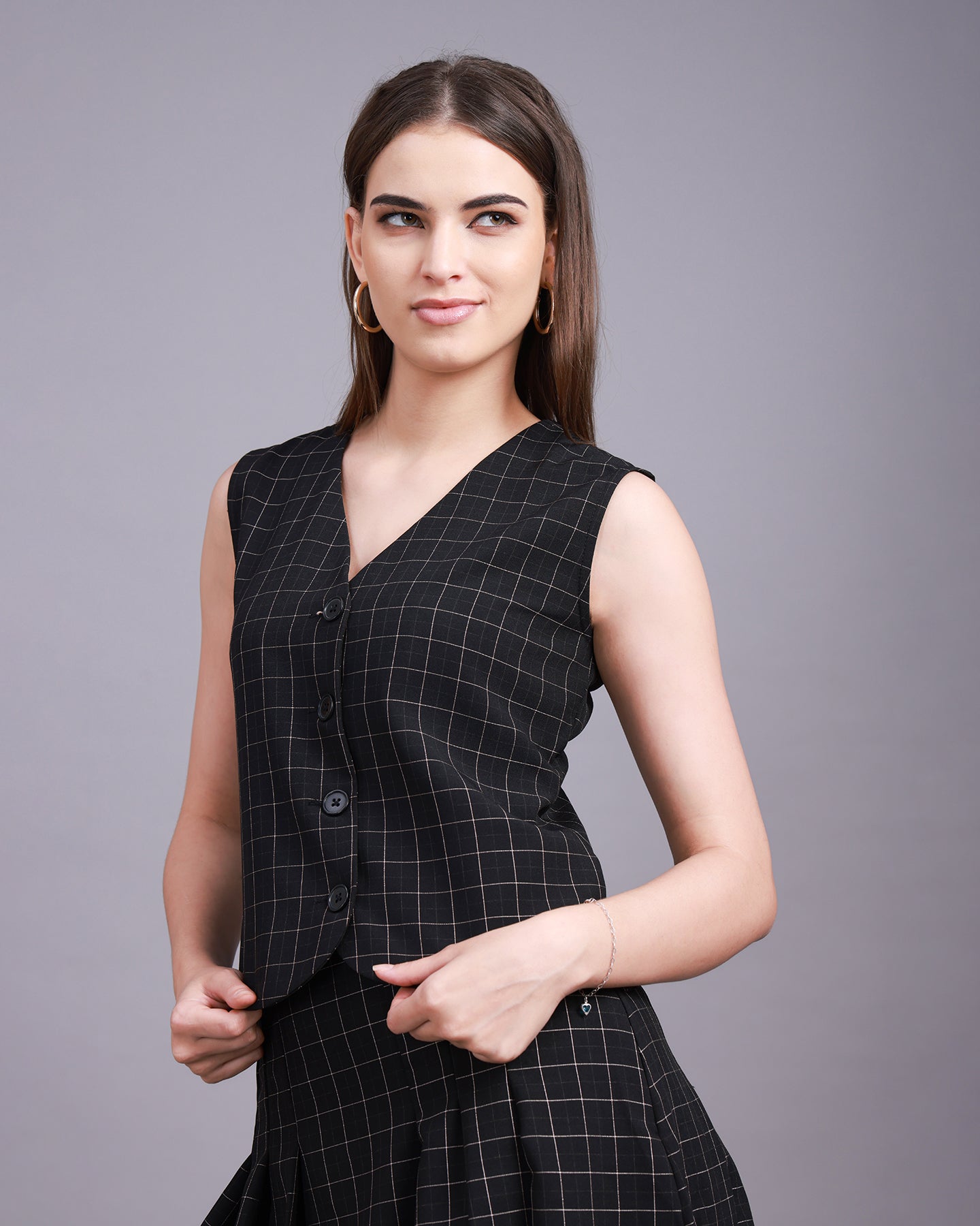 Black checkered Vest with Pleated A-line Skirt Co-ord set - 3073