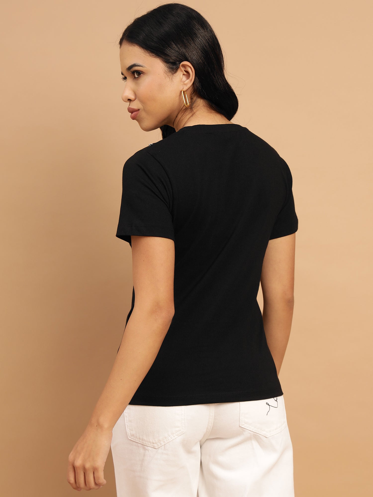 Black Regular Top with Lace Appliqué - 2775