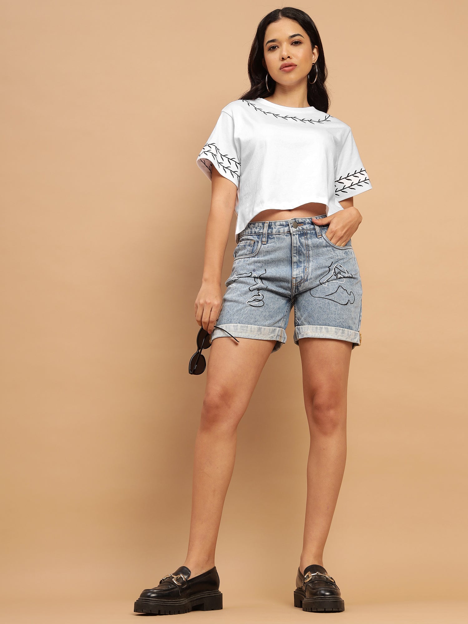 White Crop Top with Black Embroidery - 2781