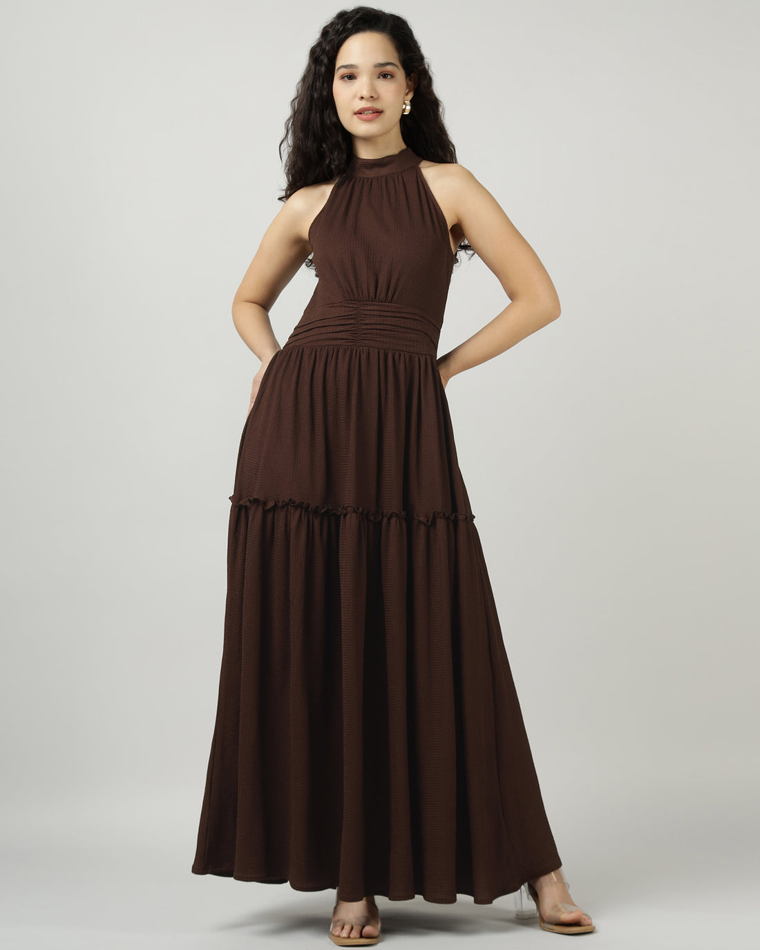 Women’s Brown Halter Neck Gathered Evening Maxi Dress - 3032