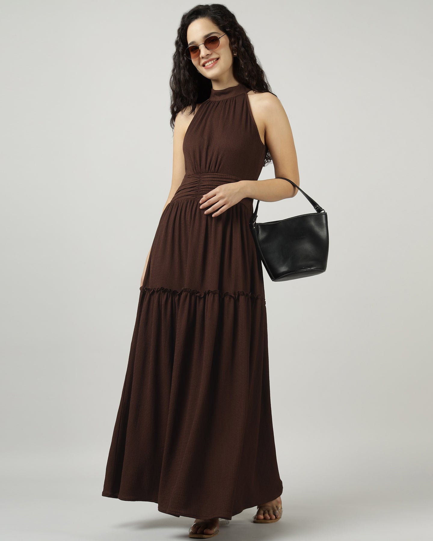 Women’s Brown Halter Neck Gathered Evening Maxi Dress - 3032