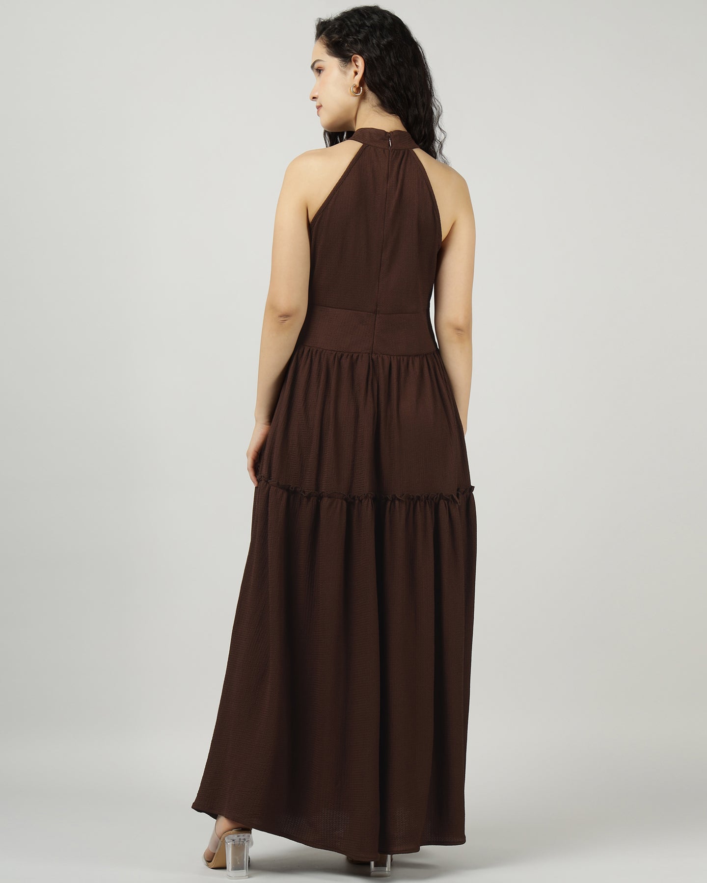 Women’s Brown Halter Neck Gathered Evening Maxi Dress - 3032